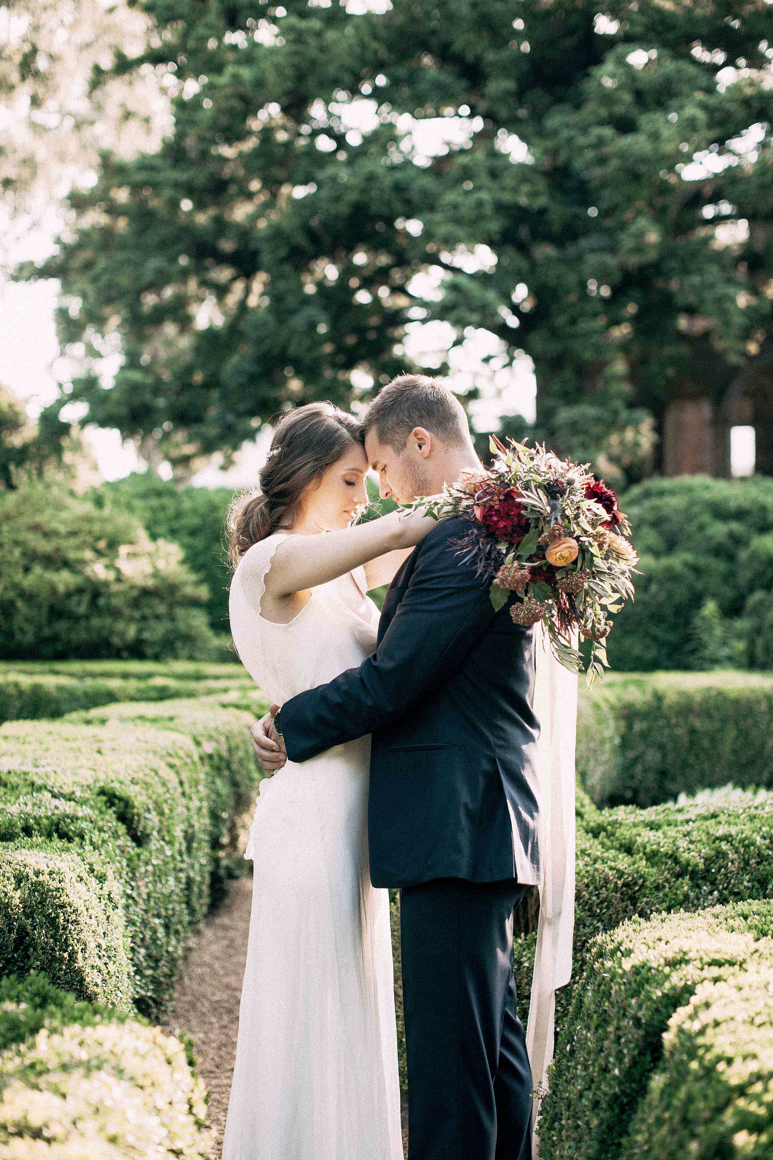 Whimsical Bride and Groom in gardens