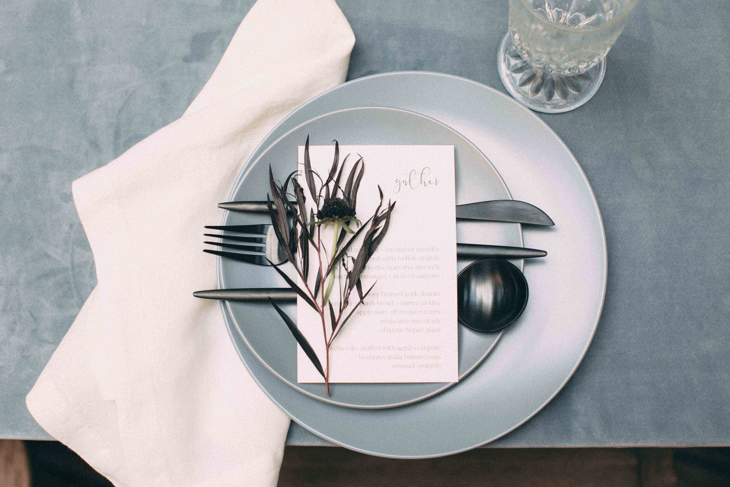 Modern Dusty blue plate menu with black utensils