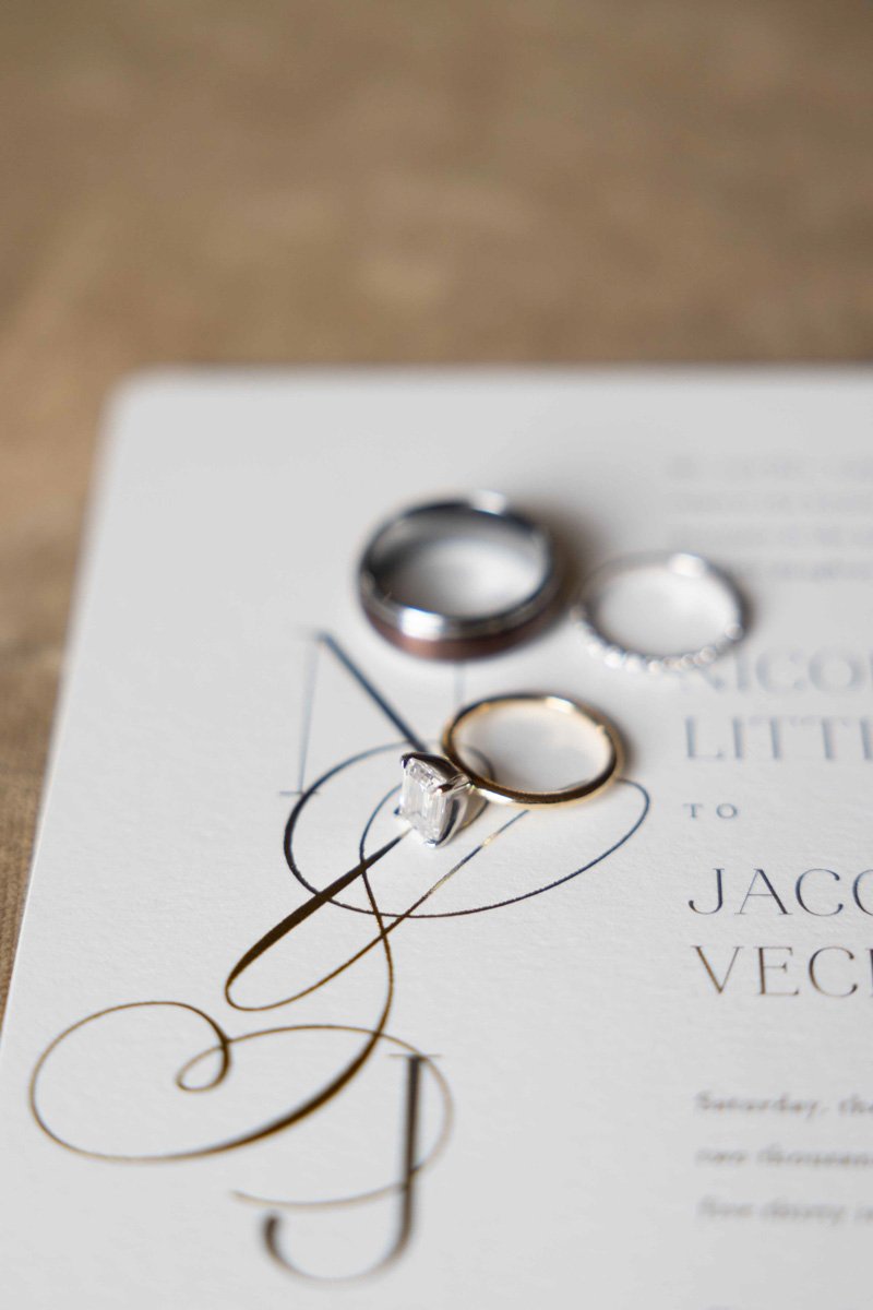bride and groom wedding rings and invitation