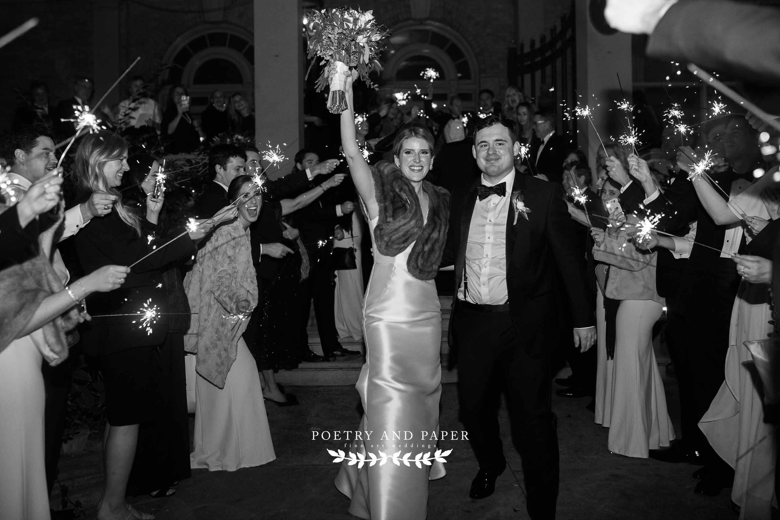 Capital City Club- Timeless wedding photography- Poetry and Paper- Dawn Johnson- black and white bride and groom sparklers.jpg