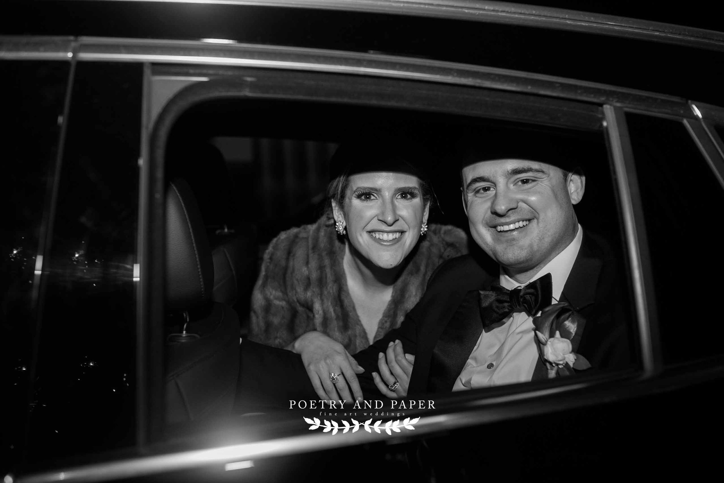 Top Destination Wedding Photographer based in Atlanta- Timeless- Poetry and Paper- Dawn Johnson- black and white bride and groom limousine exit.jpg