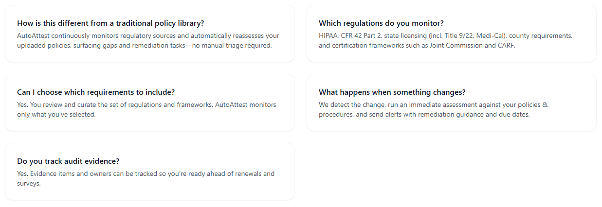 Screenshot of a webpage with five sections of text explaining regulatory monitoring, requirements, and procedures, featuring a clean, minimal design with text boxes. Compliance monitoring tool allgress.