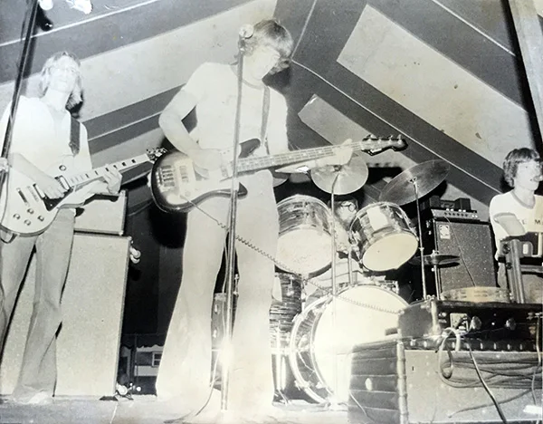 Early Blue (L to R: Jeff Okkonen, Nick Lewis, Dan Dillingham, Dennie Middleton) at the Rodeo Grounds beer tent in 1977.