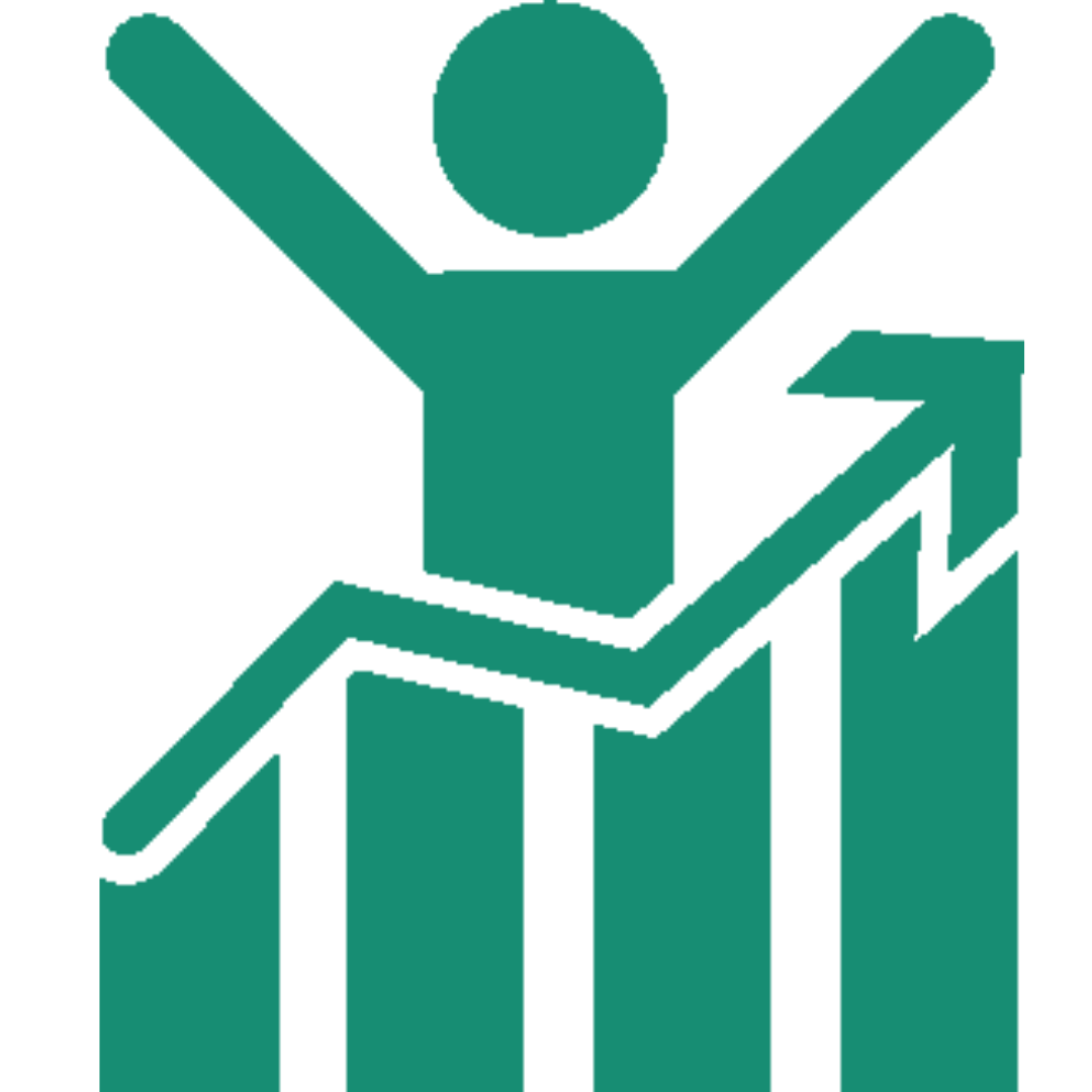 Icon of a person with arms raised, accompanied by a bar chart with upward trending arrow, symbolizing growth or success.