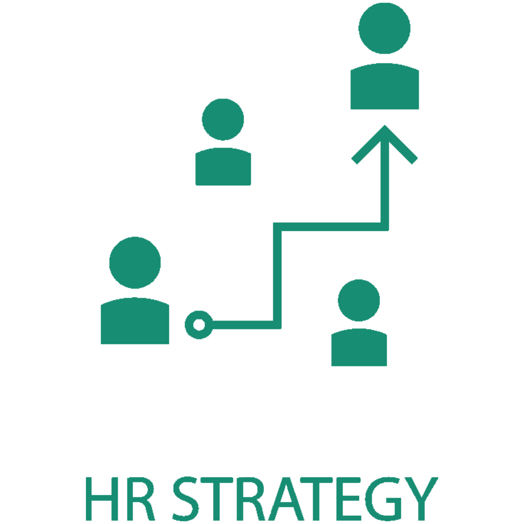 Icon showing four human figures connected by a branching line with an arrow, representing growth or progress, and the text 'HR Strategy' below.