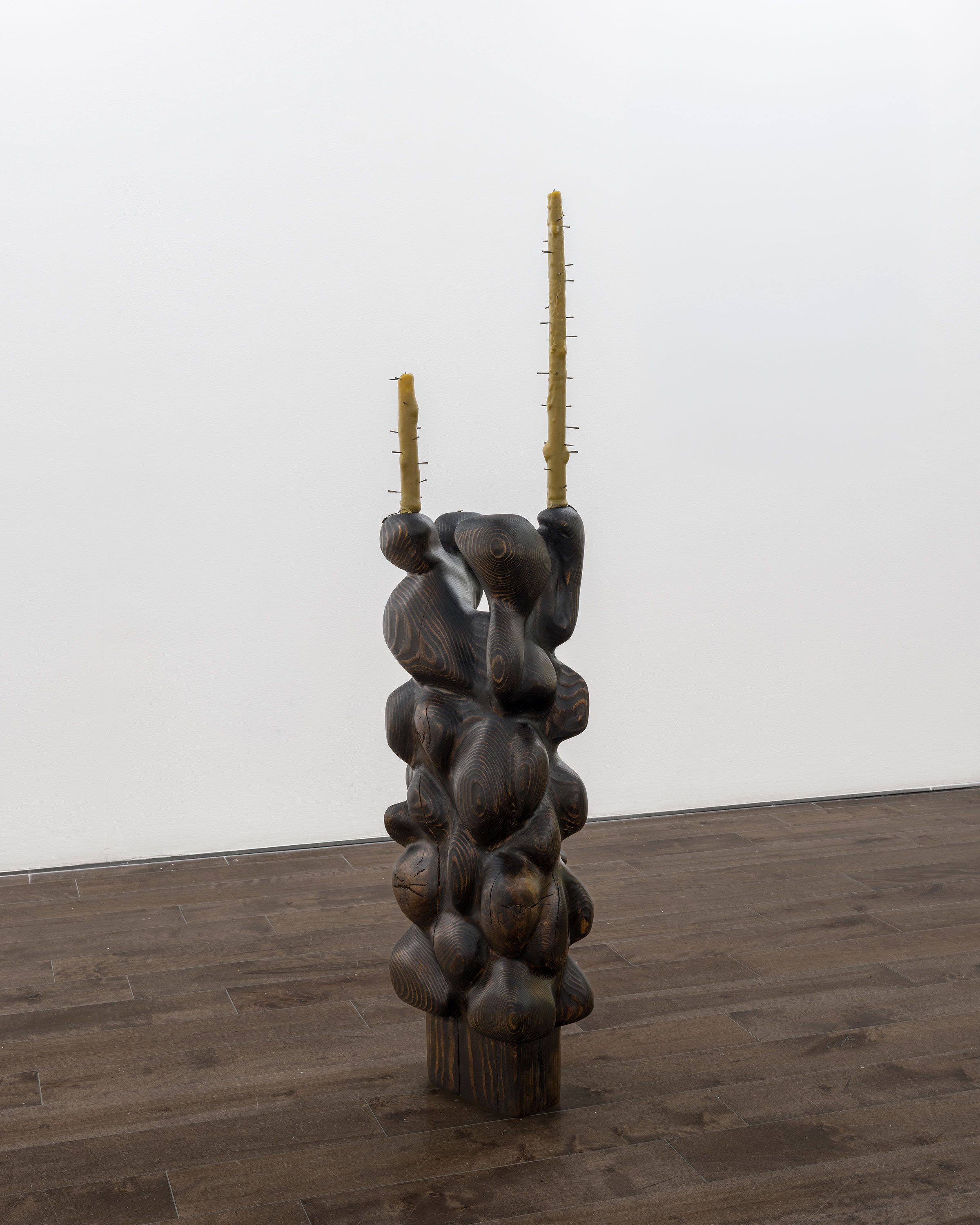  𝄐  (long pause) , reclaimed fir beam, charcoal, beeswax, collected framers nails, white bronze, 2026   Photo - Guy L‘Heureux 