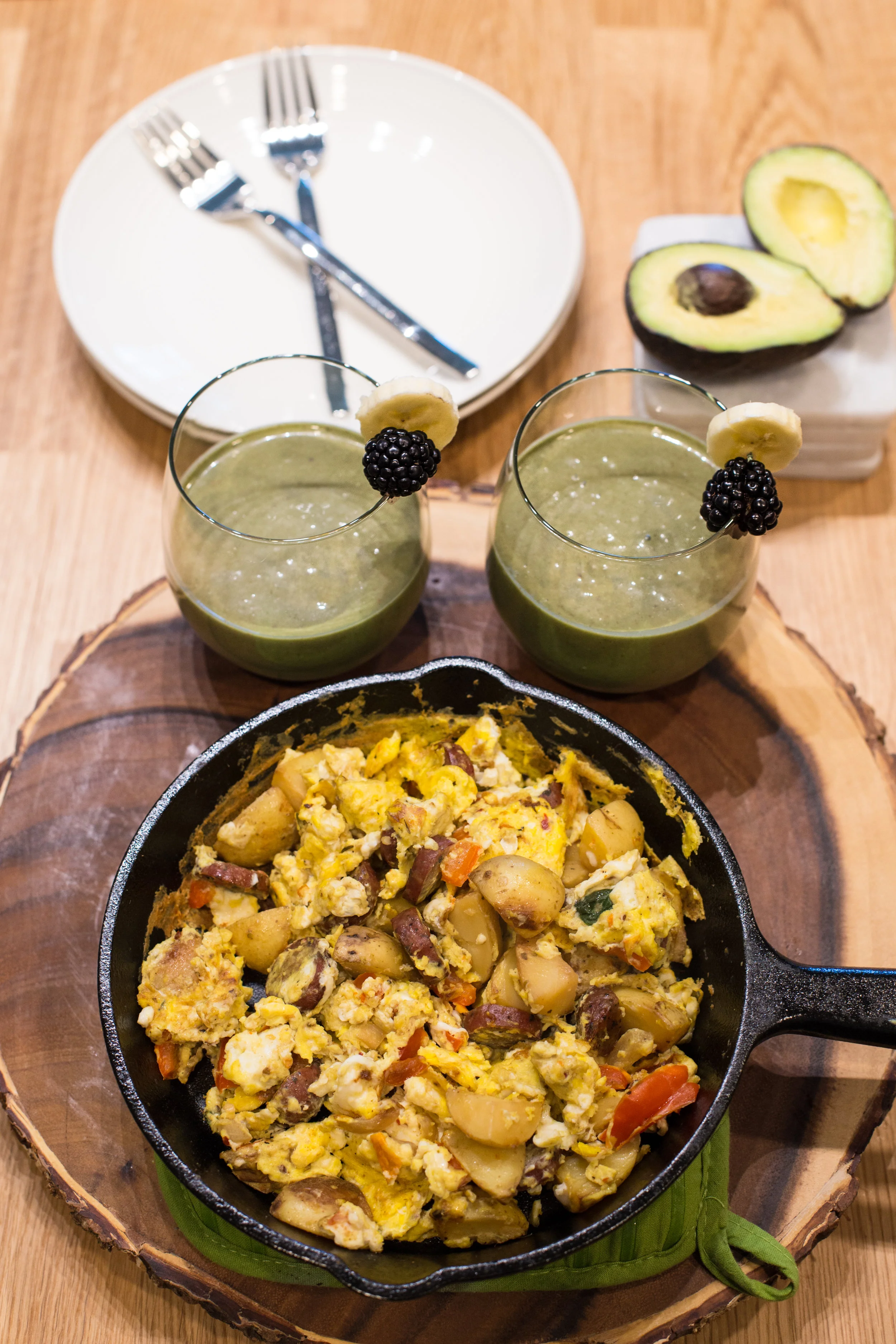 We used leftover sausage and vegetables from the Farmers Market in our eggs and the fruit to add to our green juice. We now use cast iron pans every day. We received one as a wedding present and fell in love, then added this smaller one which I use daily. They are the best!