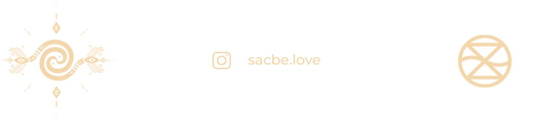 Social media handle @sacbe.love with decorative symbols and patterns on a black background.