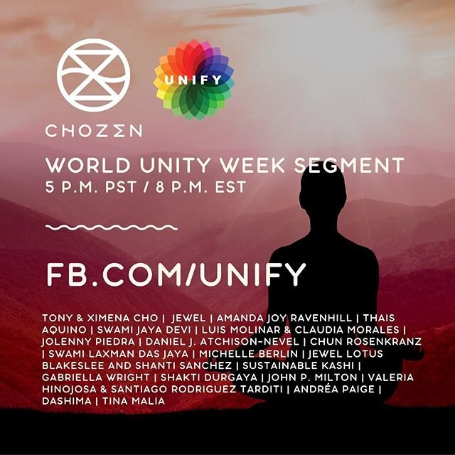 🙏🏾T-Minus 1 Hour!🙏🏼 Join our cofounders and an incredible lineup of world-changers for #WorldUnityWeek! Our planet needs our collective prayers and meditation more than ever. During the #ChoZen x @iunify segment you&rsquo;ll hear beautiful offeri