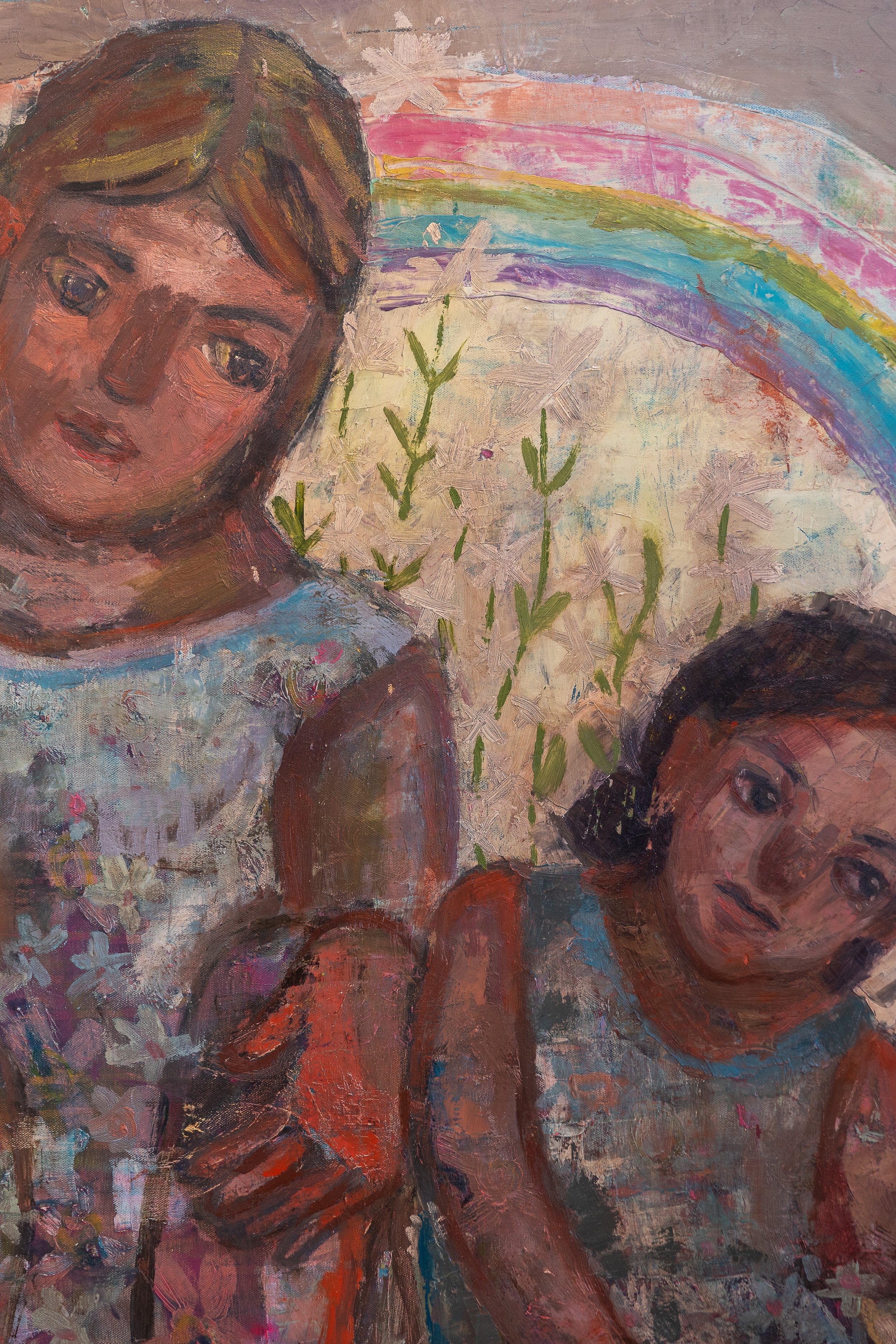 oil painting of woman and child under a rainbow