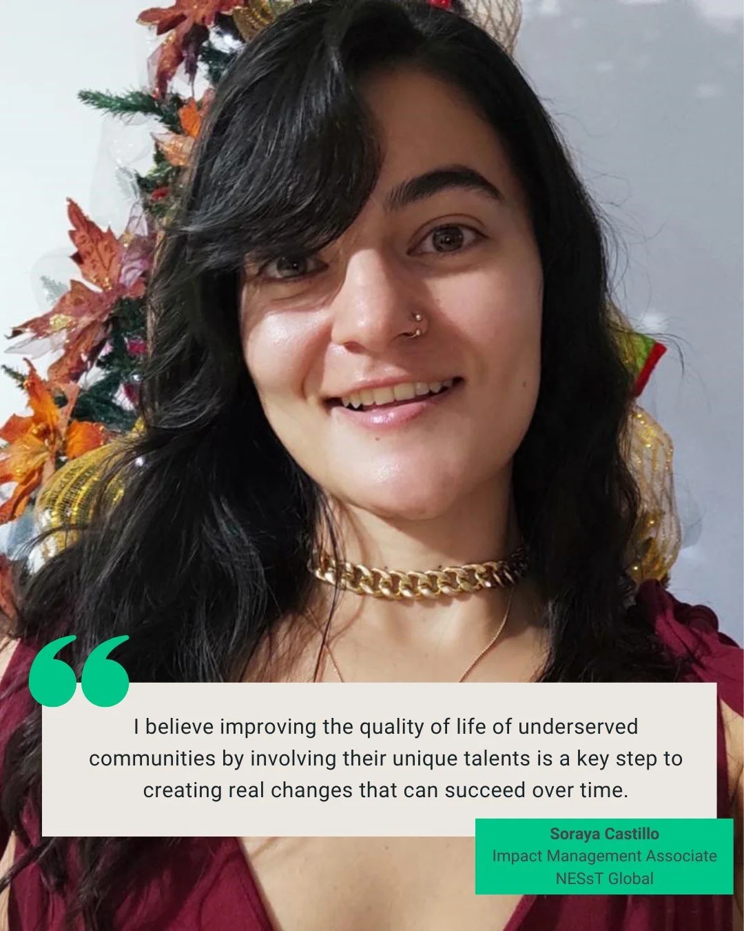 👋 Join us in welcoming Soraya Castillo, our new Impact Management Associate to the NESsT Global Team. 

Soraya is based in Medell&iacute;n, Colombia, bringing a strong background in collecting, organizing, and analyzing data. 

Her expertise include