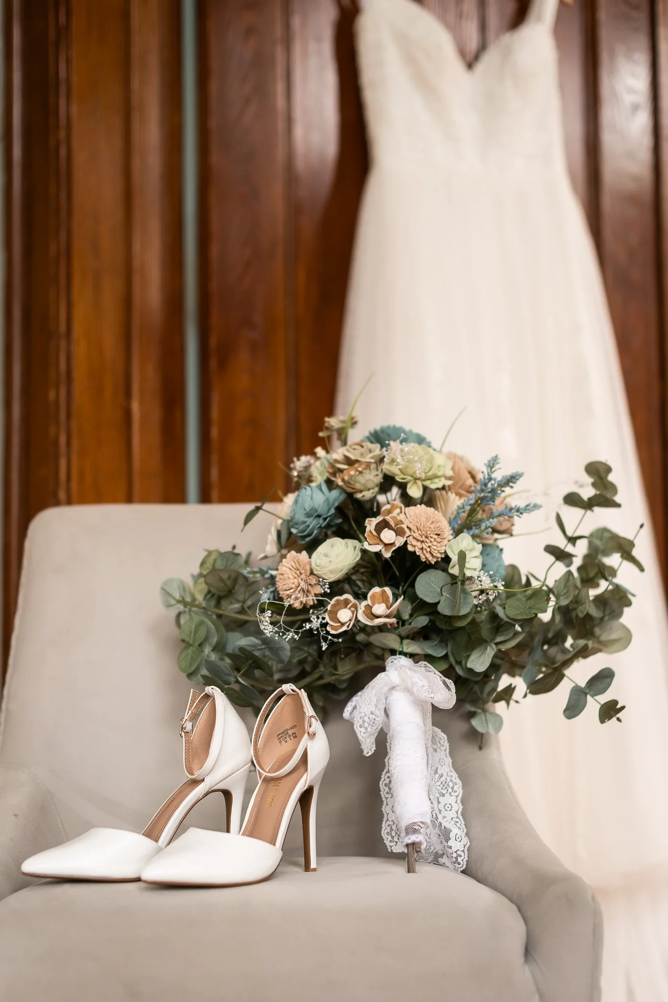 Soft Romantic Wedding Bouquet and Dress Styling with Eucalyptus.jpg
