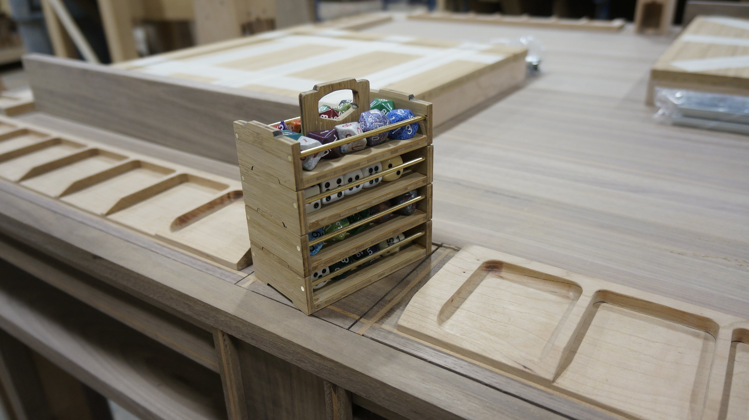  Stacking dice caddy hides in one of the hidden compartments of the GM's seat.&nbsp; 