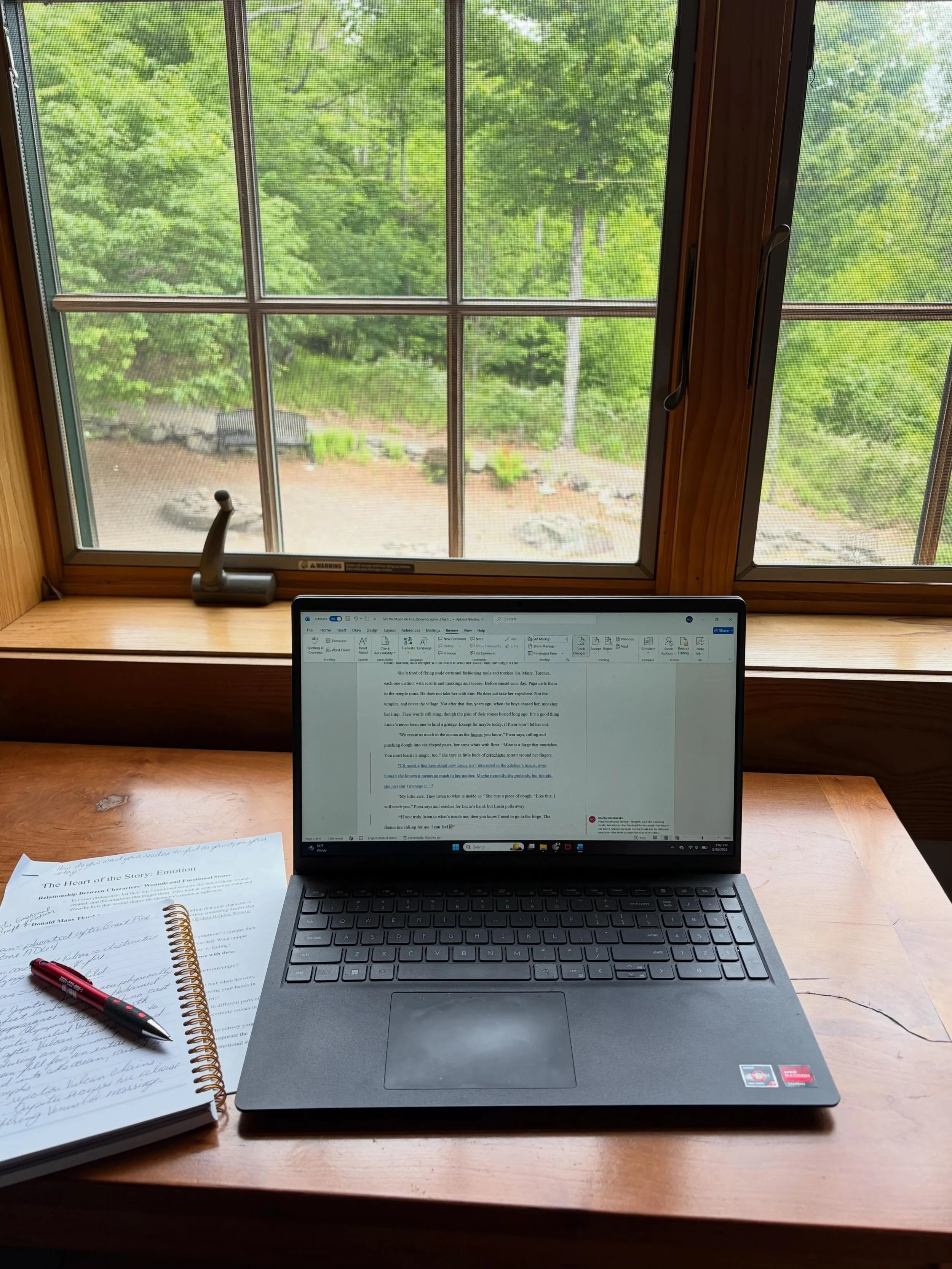 My office today overlooking the word garden. The loft of the &ldquo;barn&rdquo; is a warm and cheerful gathering space, and a supportive atmosphere for working through the emotional wounds of the characters in my new WIP.

#amwritingfiction #writersl