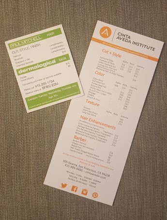 Cinta Aveda Institute and SFIEC menu and info card