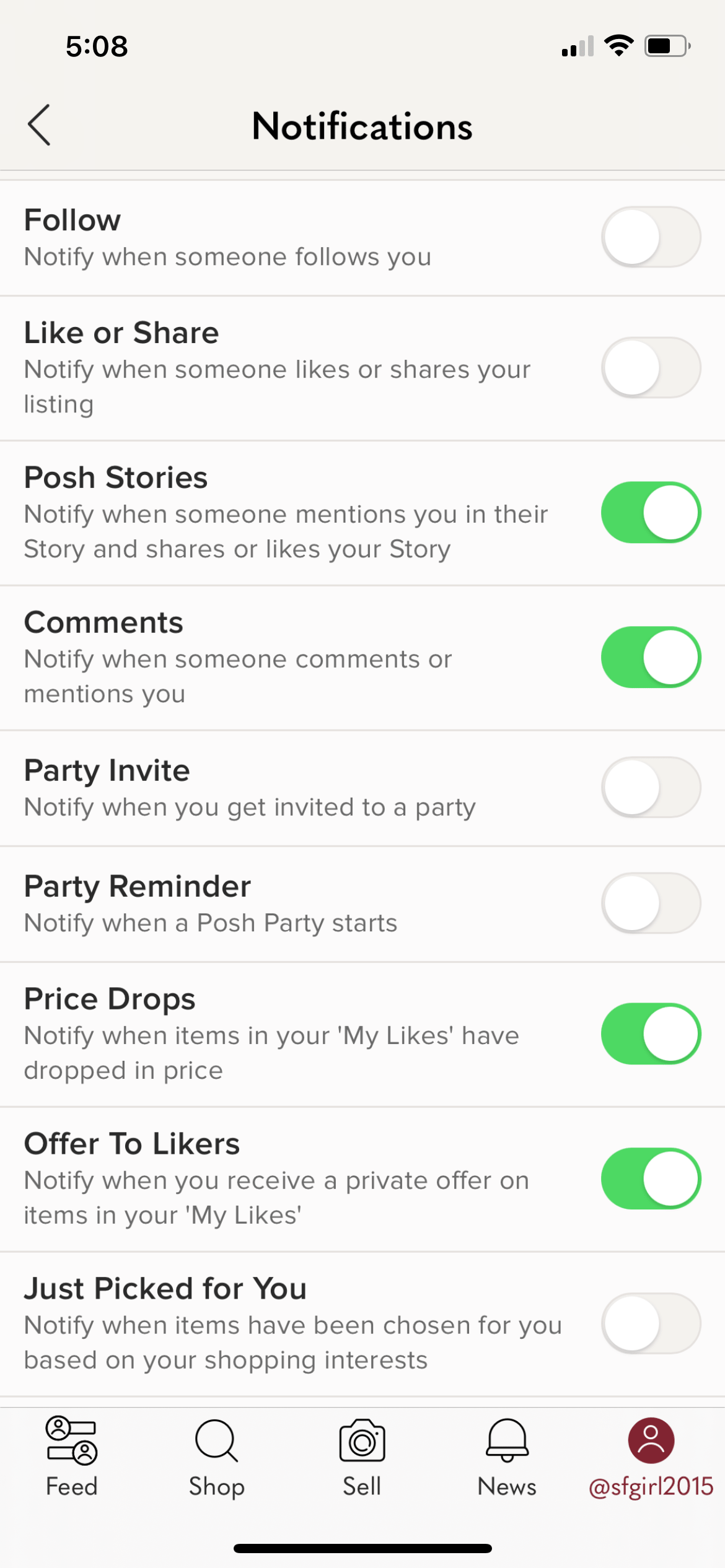 Some of the notifications available from Poshmark