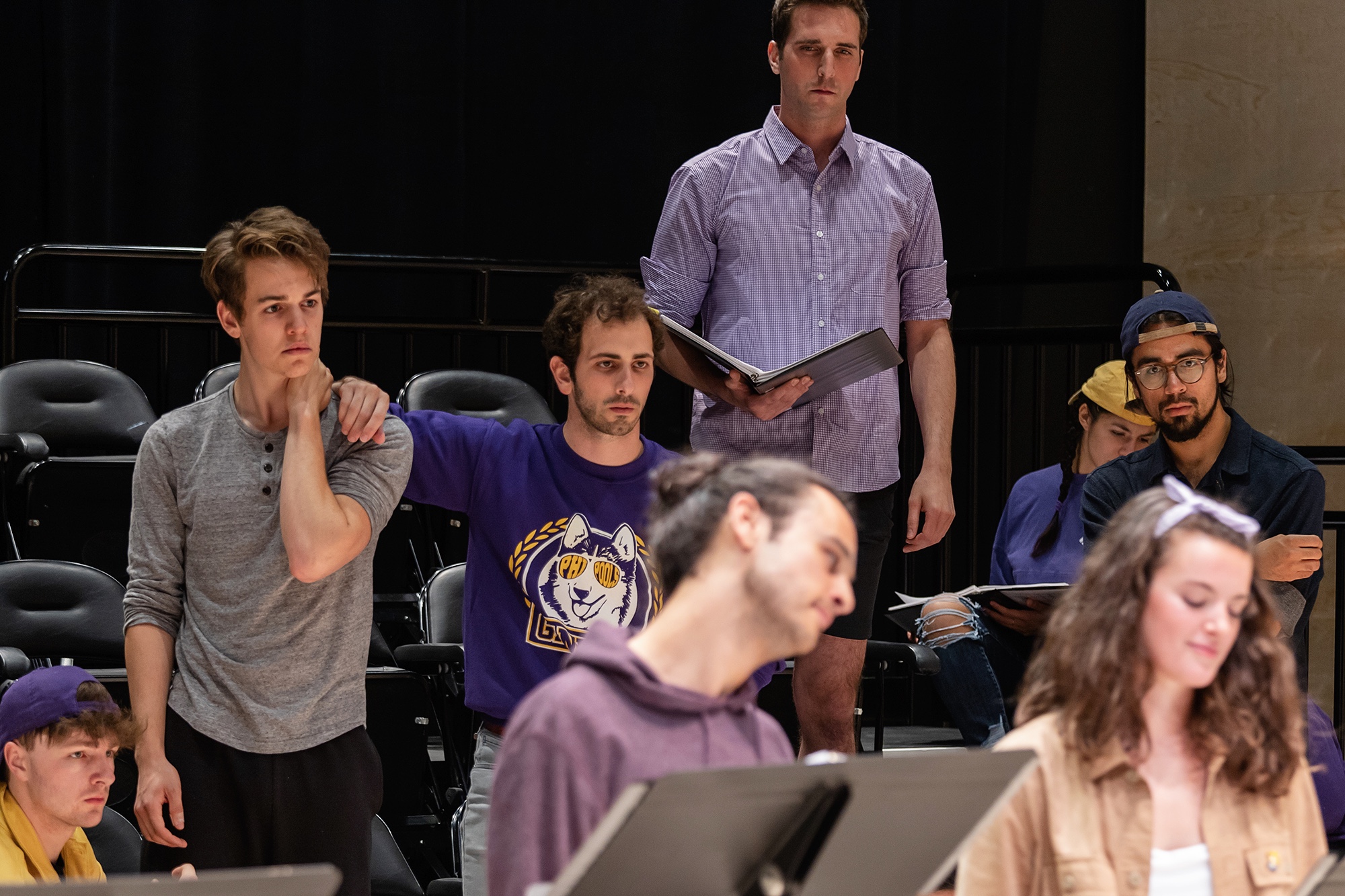 Riley Gene, Gavin Michaels, Sherif Amin, Arjun Pande, Dylan Smith, Annie J. Willis, Sofia Raquel Sanchez, and Pablo Lopez in the 2019 workshop at 12th Avenue Arts, produced by The Scratch and Really Really Theatre Group, directed by Kelly Kitchens. Photo by Brett Love