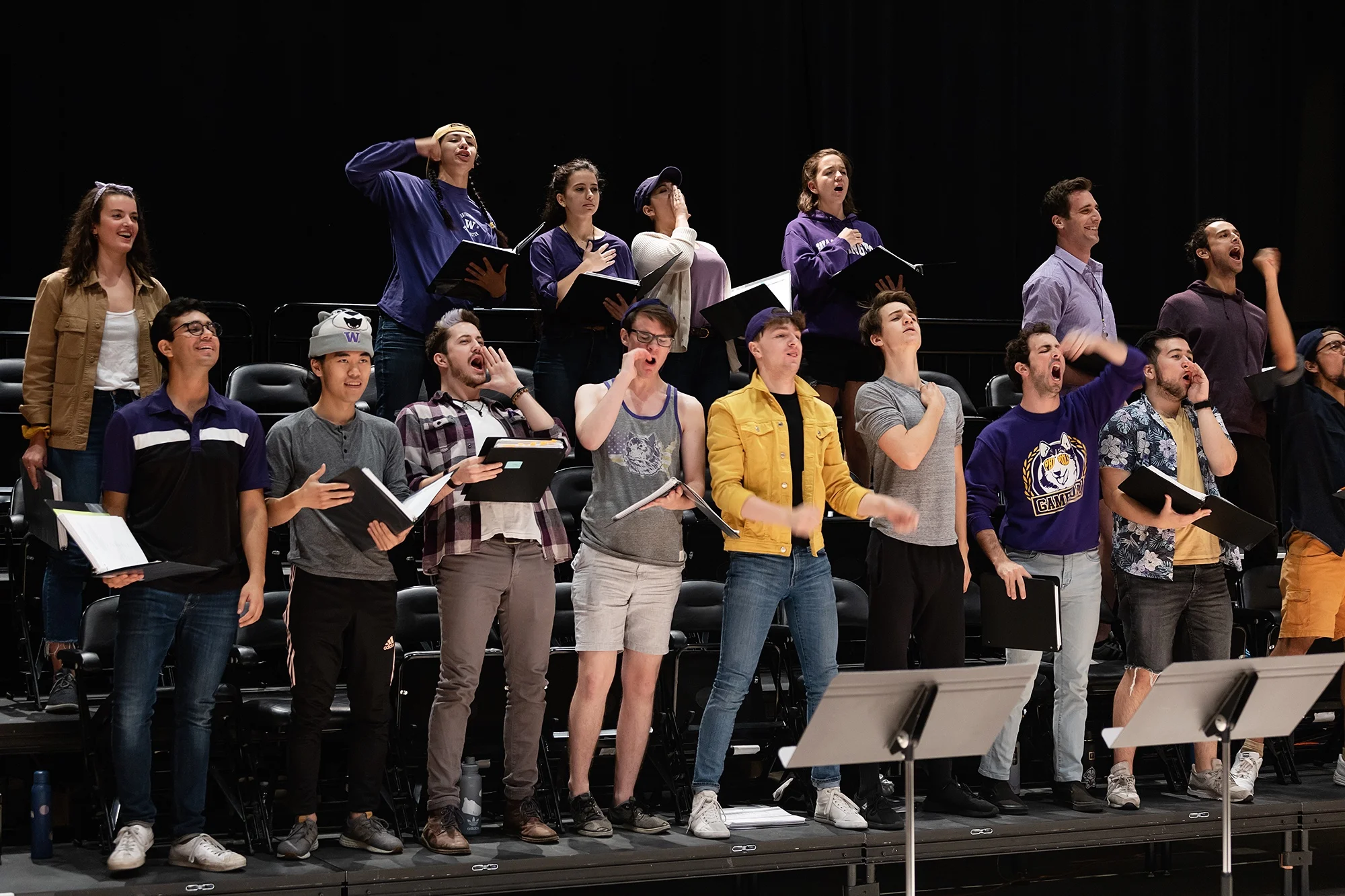Annie J. Willis, Sofia Raquel Sanchez, Beth Pollack, Cassandra Leon, Jayne Hubbard, Dylan Smith, Arjun Pande, Adrian Alonzo Padilla, Aaron Jin, Nicholas Parsons, Connor McKenna, Riley Gene, Gavin Michaels, Sherif Amin, Ivan Guillermo, and Pablo Lopez in the 2019 workshop at 12th Avenue Arts, produced by The Scratch and Really Really Theatre Group, directed by Kelly Kitchens. Photo by Brett Love