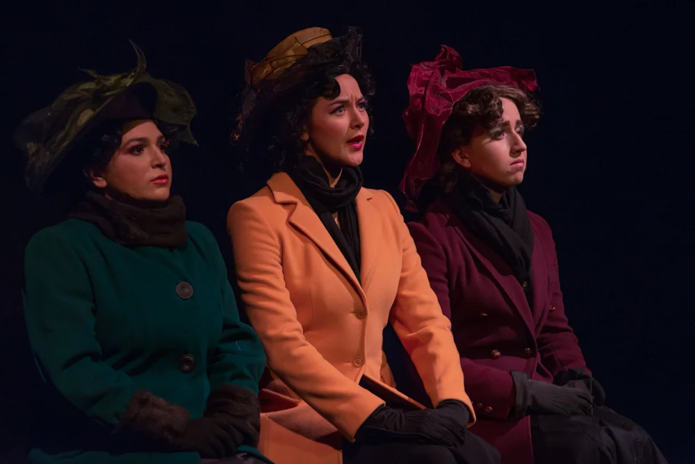 Sivan Aviv (left) Akua Parker (center) Sophia Avgeris (right) sit on a bench for their role in the “Come and Go” scene for the upcoming theater performance of Samuel Beckett Quartet at the Santa Monica College Main Stage on Friday, October 28, 2016.…