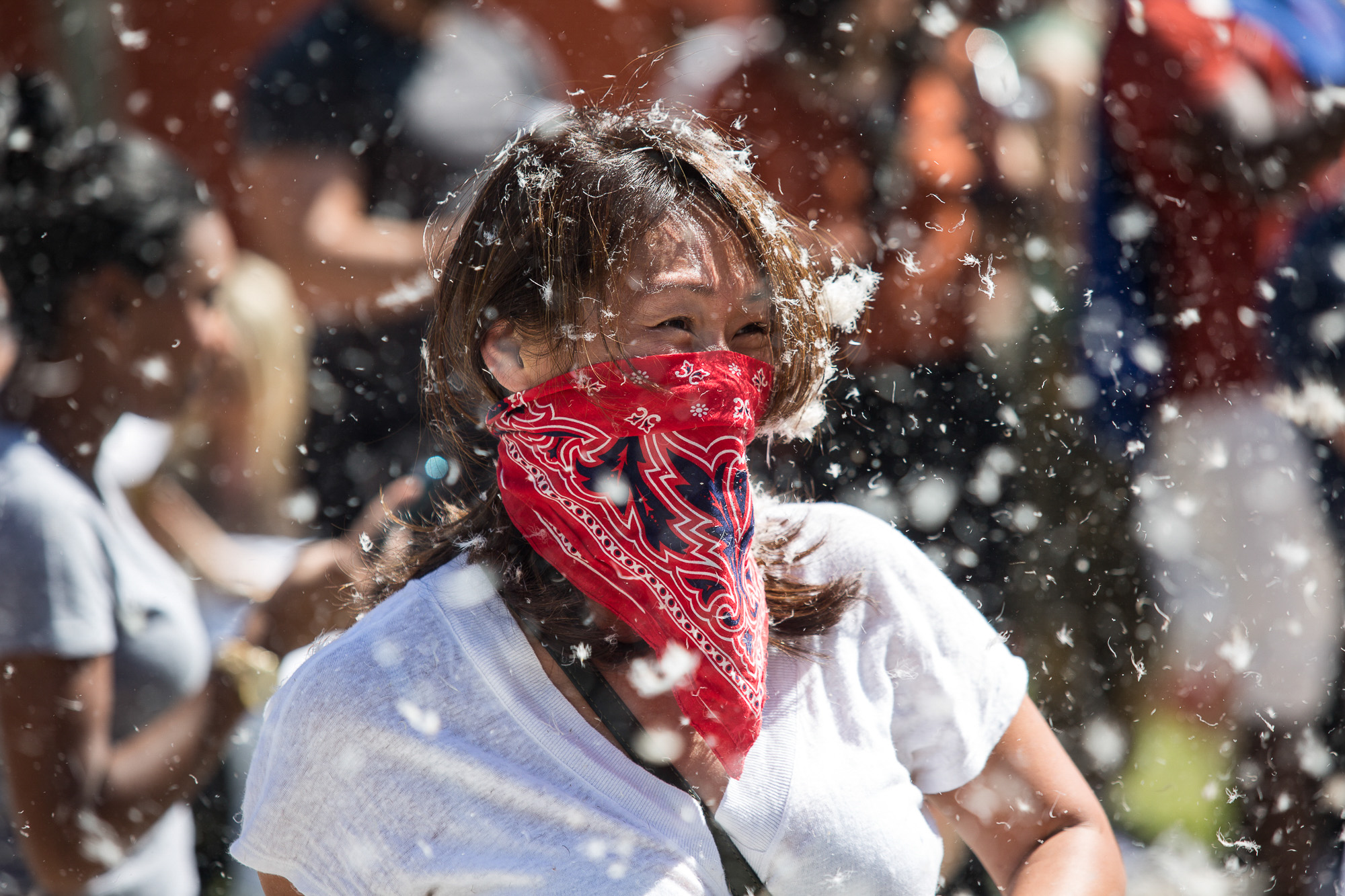  LA local Kris Chen enjoys and takes part in the annual International Pillow Fight Day fight in Pershing Square in Downtown Los Angles on Saturday, April 1 2017. Hundreds of people traded soft blows in a giant pillow fight that dwarfed even the bigge