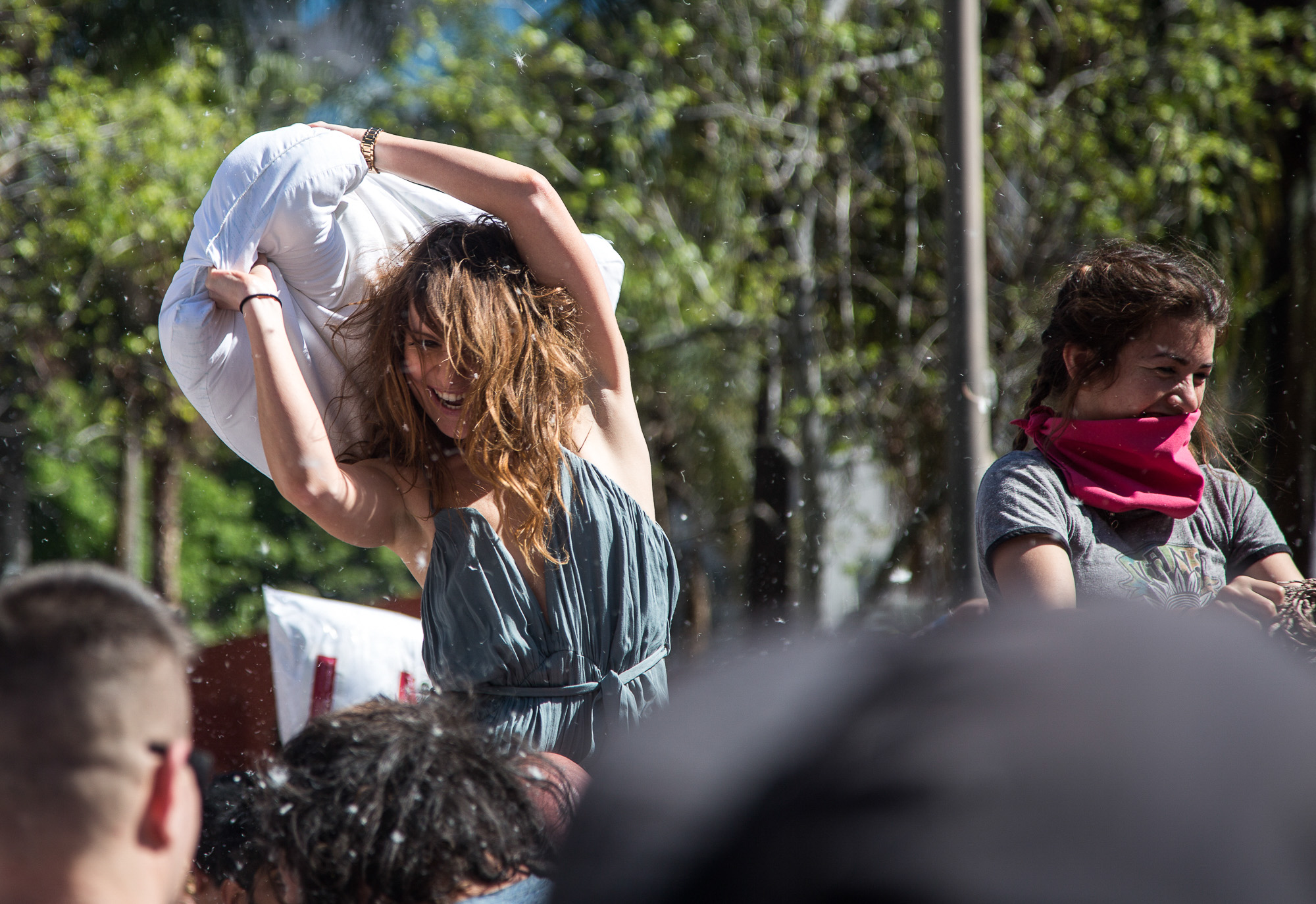  LA local and pillow fight enthusiast Daria Ritch nails powerful pillow strikes against her opponents as she sits on her boyfriends’ shoulders during the National Pillow Fight Day event which took place in Pershing Square in Downtown Los Angles Calif