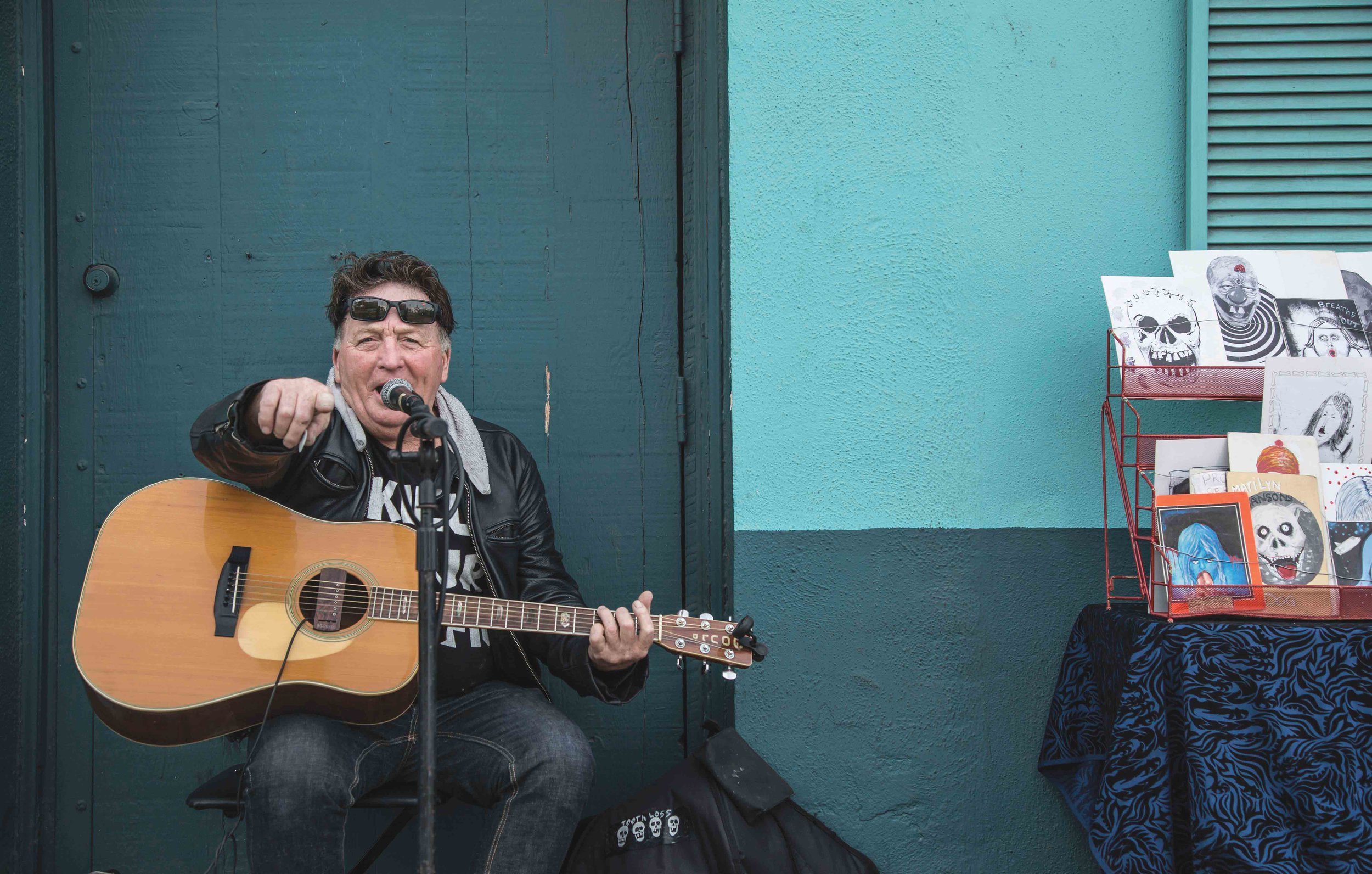  David Carroll, (56,) a musician and post card artist busks outside the now shuttered Roosterfish bar on Abbot Kinney Blvd in Venice, CA on November 6 2016. Carroll adores Abbot Kinney and has lived in the area for over 20 years. He comes each weeken