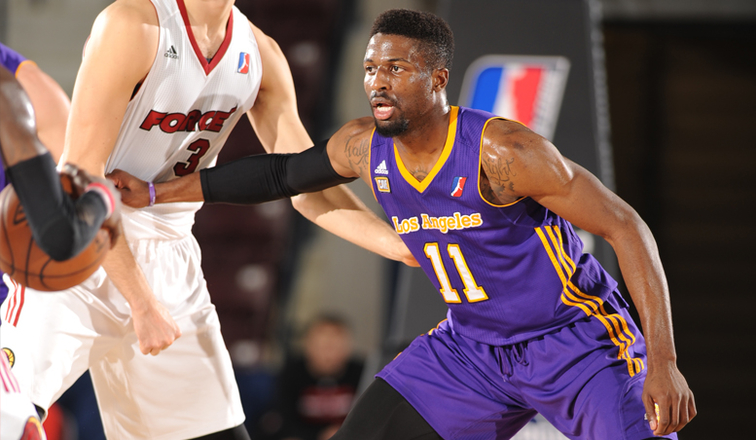  David Nwaba plays defense against the Sioux Falls Skyforce at the D-League Showcase on Jan. 21, 2017.  (NBA Press Released image) 