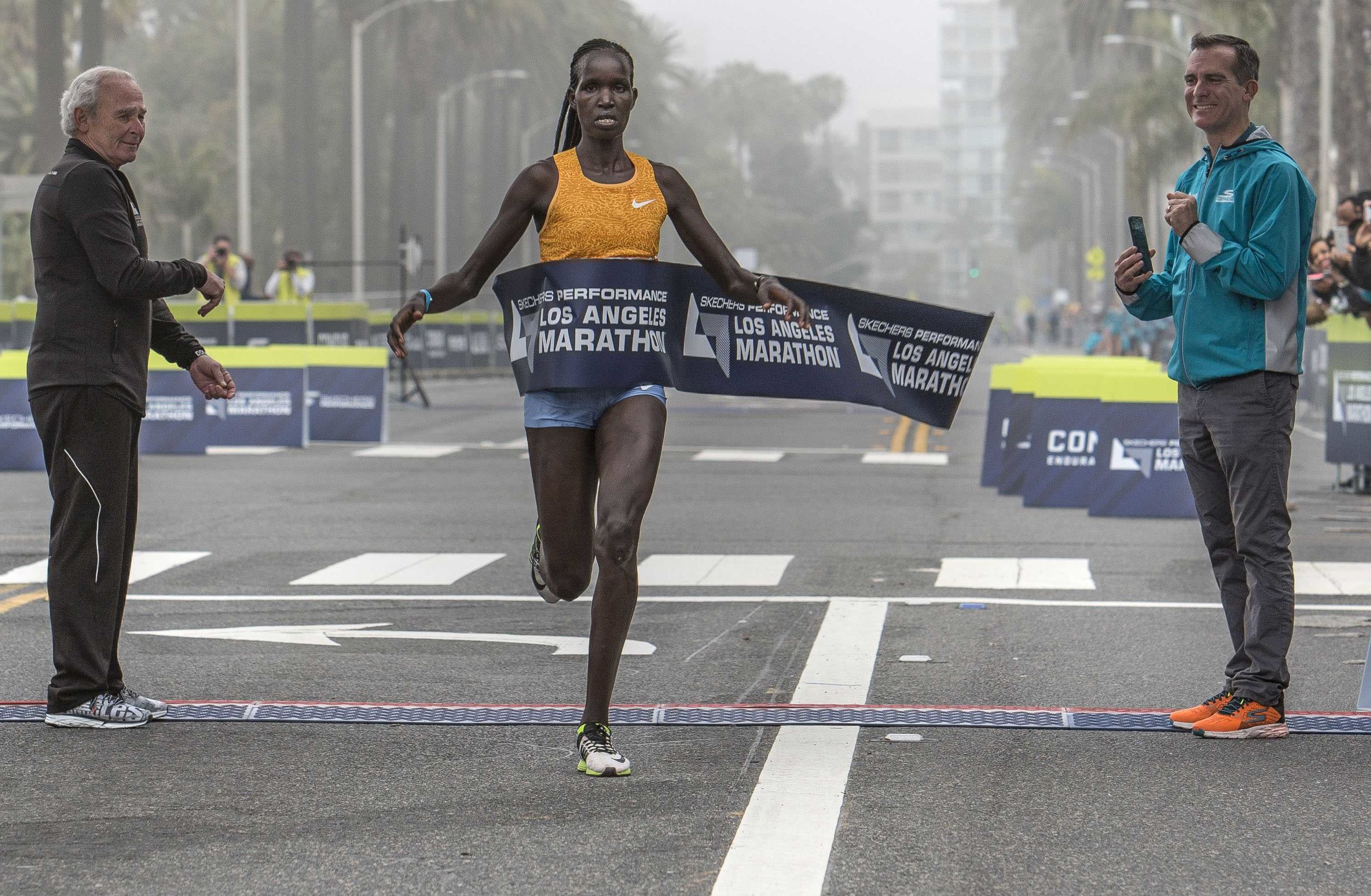  March 19, 2017. Hellen Jepkurgat from Kenya won first place in the women's division in The Los Angeles Marathon that finished in Santa Monica California. Jepkurgat finished in a time of two hours thirthy four minutes and twenty three seconds accordi