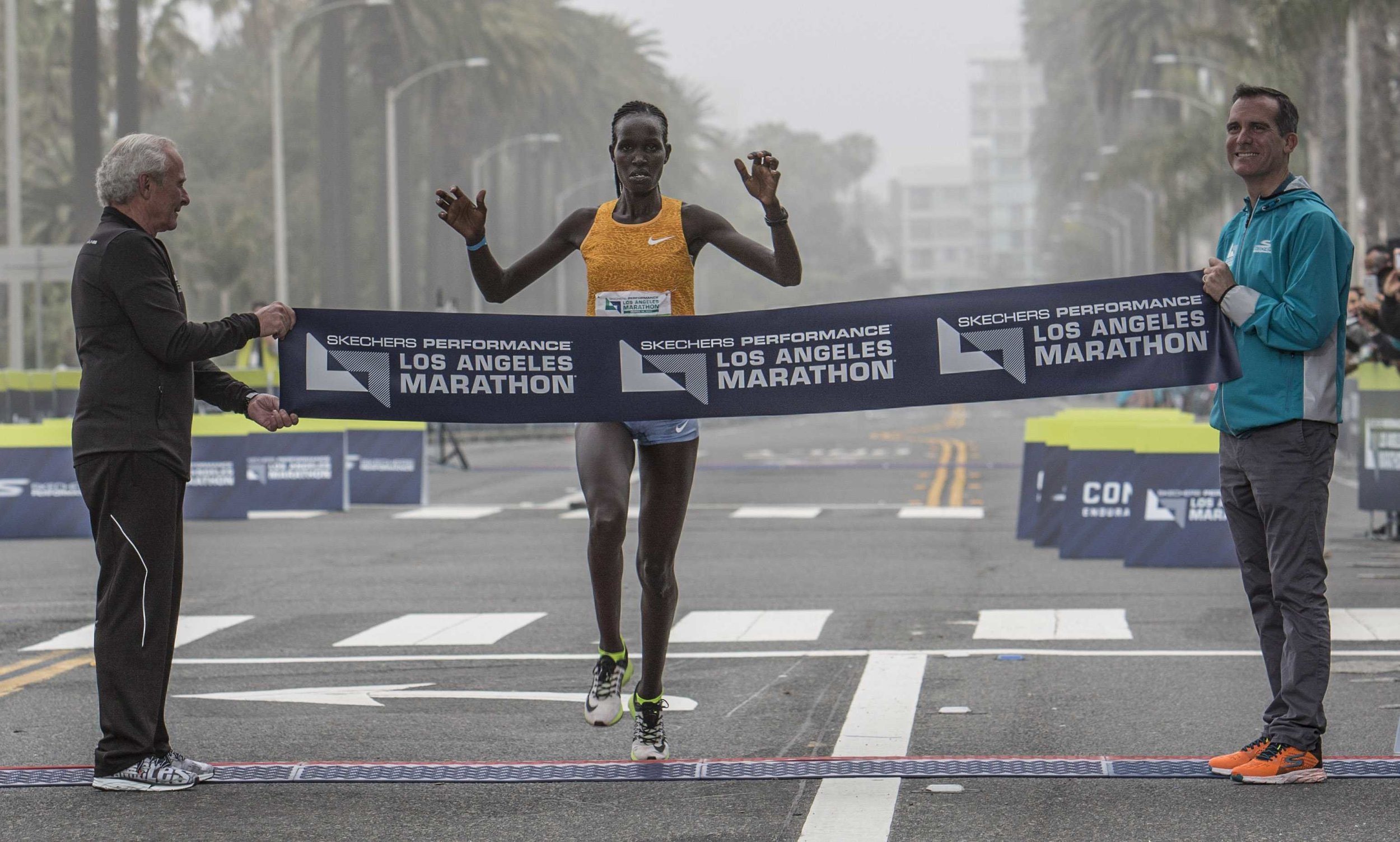  March 19, 2017. Hellen Jepkurgat from Kenya won first place in the women's division in The Los Angeles Marathon that finished in Santa Monica California. Jepkurgat finished in a time of two hours thirthy four minutes and twenty three seconds accordi