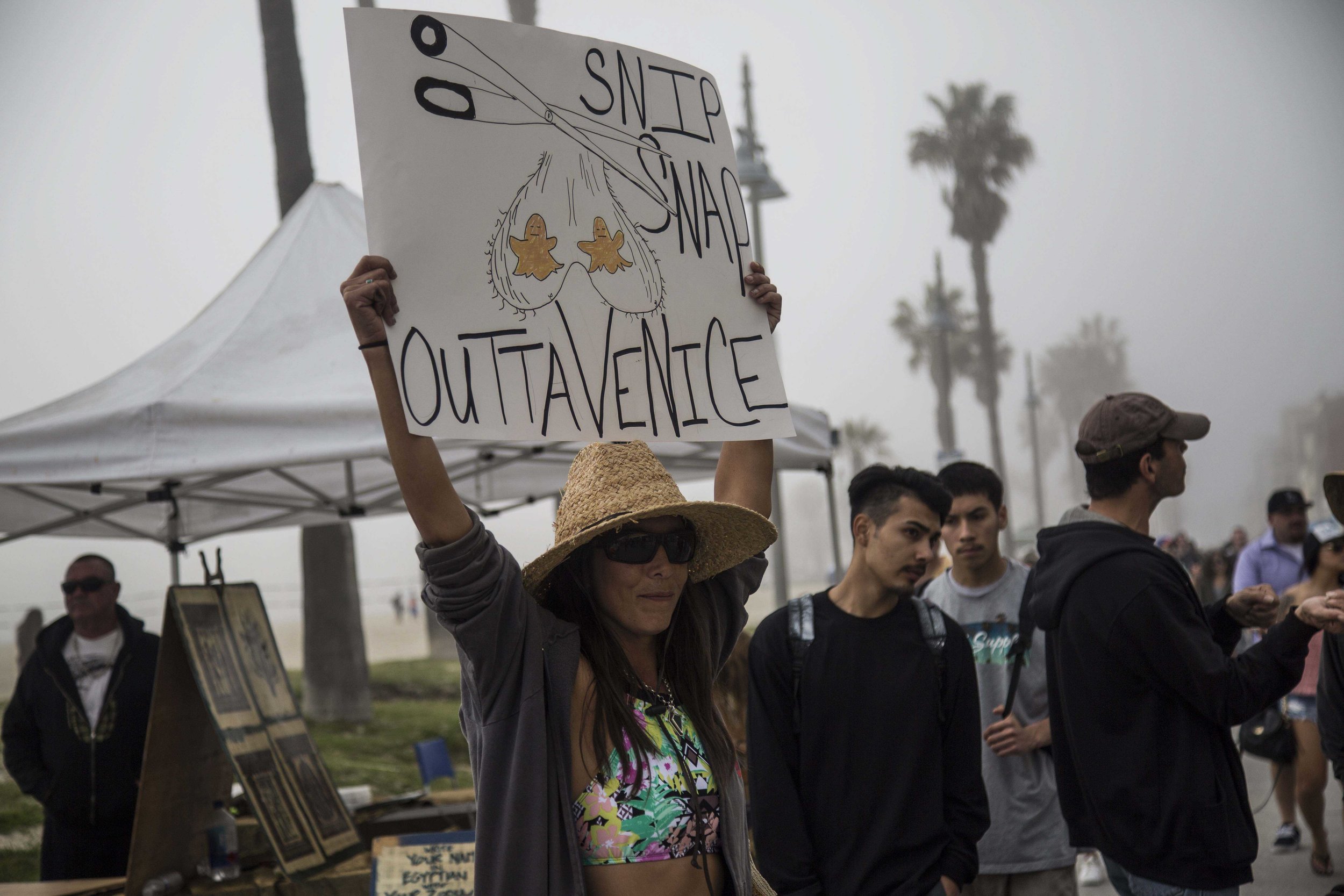  Venice local, activist and member of The Alliance for the Preservation of Venice Reina Storm protests outside of Snapchats newly opened storefront, Spectacles at 701 Ocean Front Walk, Venice, Calif., on March 11, 2017. Since arriving in 2013, Snap h