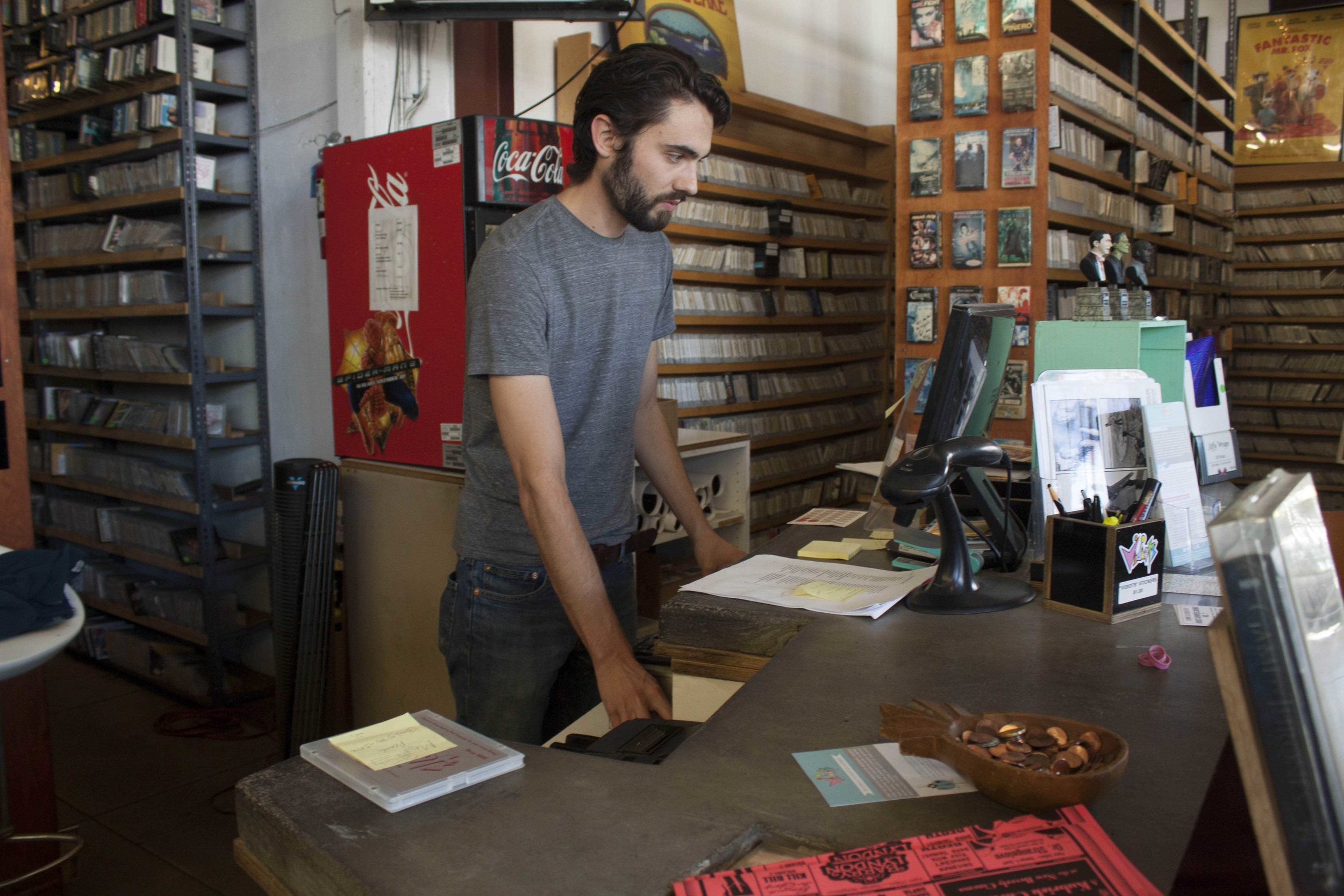  Vidiots employee Clay Keller, works on the computer at the 31 year old movie rental store located at 302 Pico Blvd, Santa Monica, CA 90405. on November 29, 2016. The unique store had trouble in recent years trying to find funding to keep its doors o