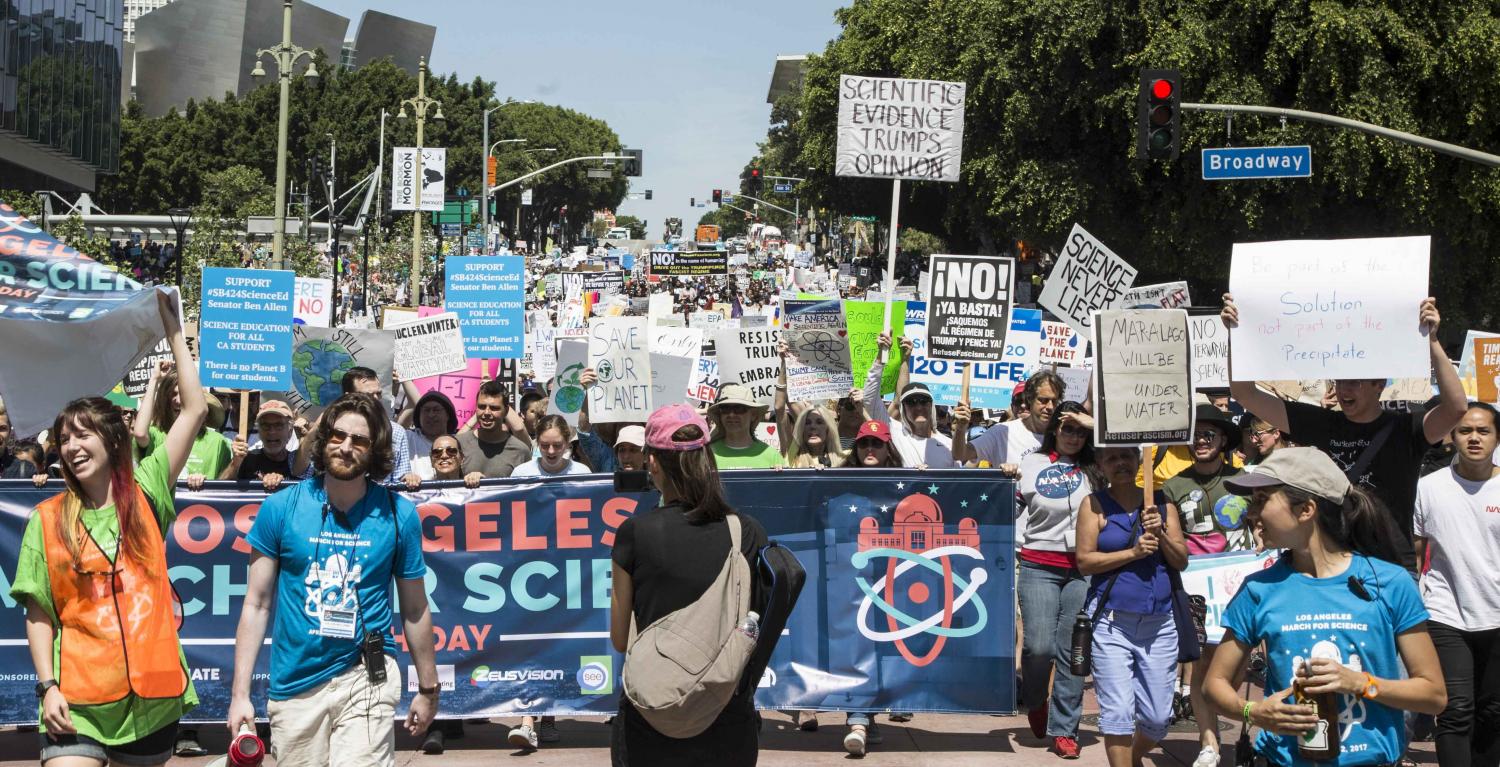  Nearly 50,000 protesters took part in the March for Science in Los Angeles marching down Hill Street chanting, “Science not Silence” while holding up the March for Science organizational banner as they make their way to Los Angles City Hall in Downt