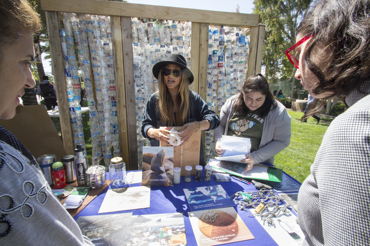  Plastic Free SMC had many examples of what happens to plastic that is discarded and the damages it can do to the ocean. Bronwyn  Hancock Major (center) is Vice Presicent and ICC delicate, along with Sally Marcadl club member, they talk to students a