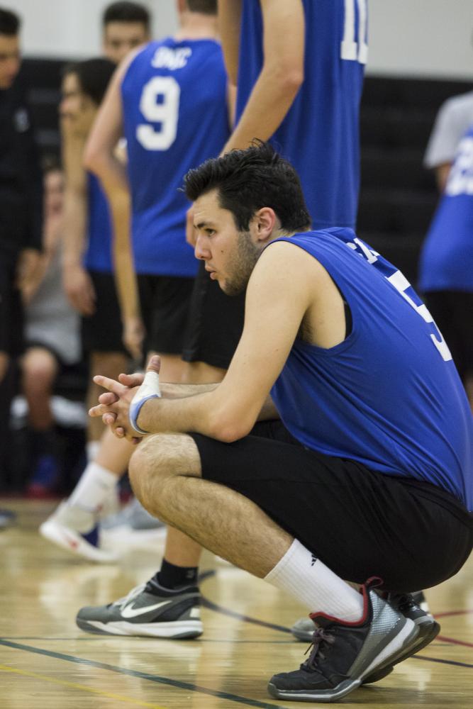  Santa Monica College Corsairs mens volleyball Middle Hitter, Andrew Dalmada (5), takes a second to mentally prepare himself moments before the start of the Califonia Community College Athletics Association playoff game against the Orange Coast Colle
