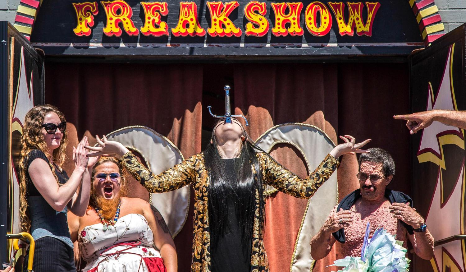  Venice Freakshow performer Asia Ray, resident Sword swallower and fire-eater, shows off her skill of sword swallowing during the Venice Freakshow Farwell Protest and Party on the Venice Boardwalk in Venice, Calif., on Sunday, April 30 2017. Ray has 