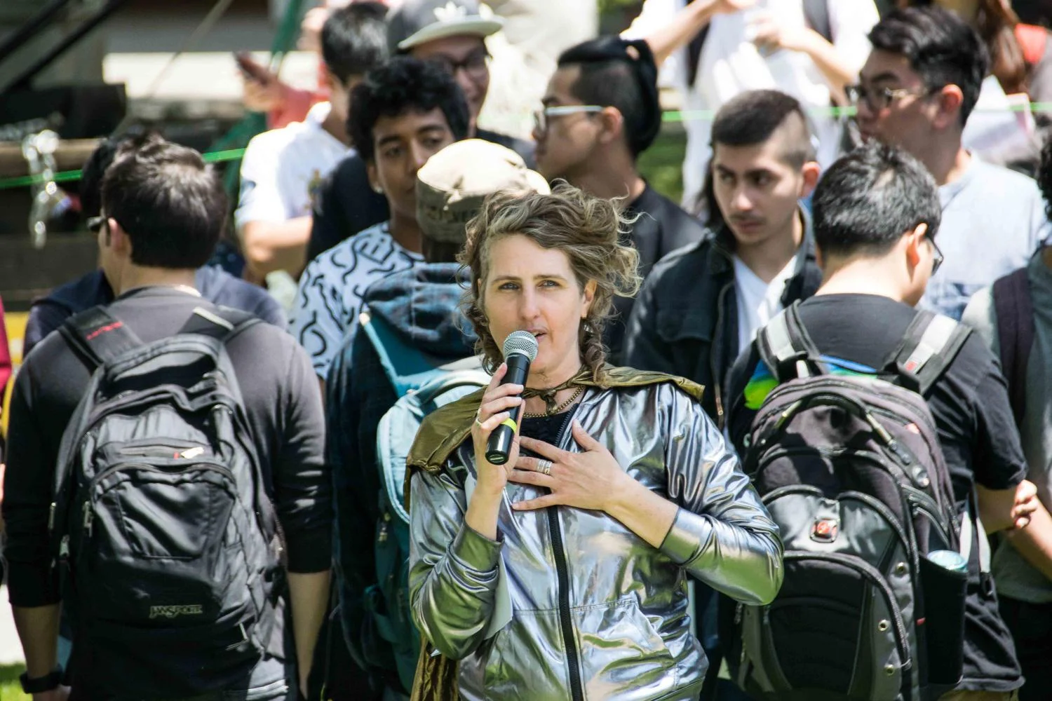 Ms. K Bradford hosts the Superheroes to the Rescue! Sanctuary State event where students gather and discuss immigration policies at the Clock Tower Quad at Santa Monica College in Santa Monica. Calif. on Thurs. May 11, 2017. (Clyde Bates Jr.)
