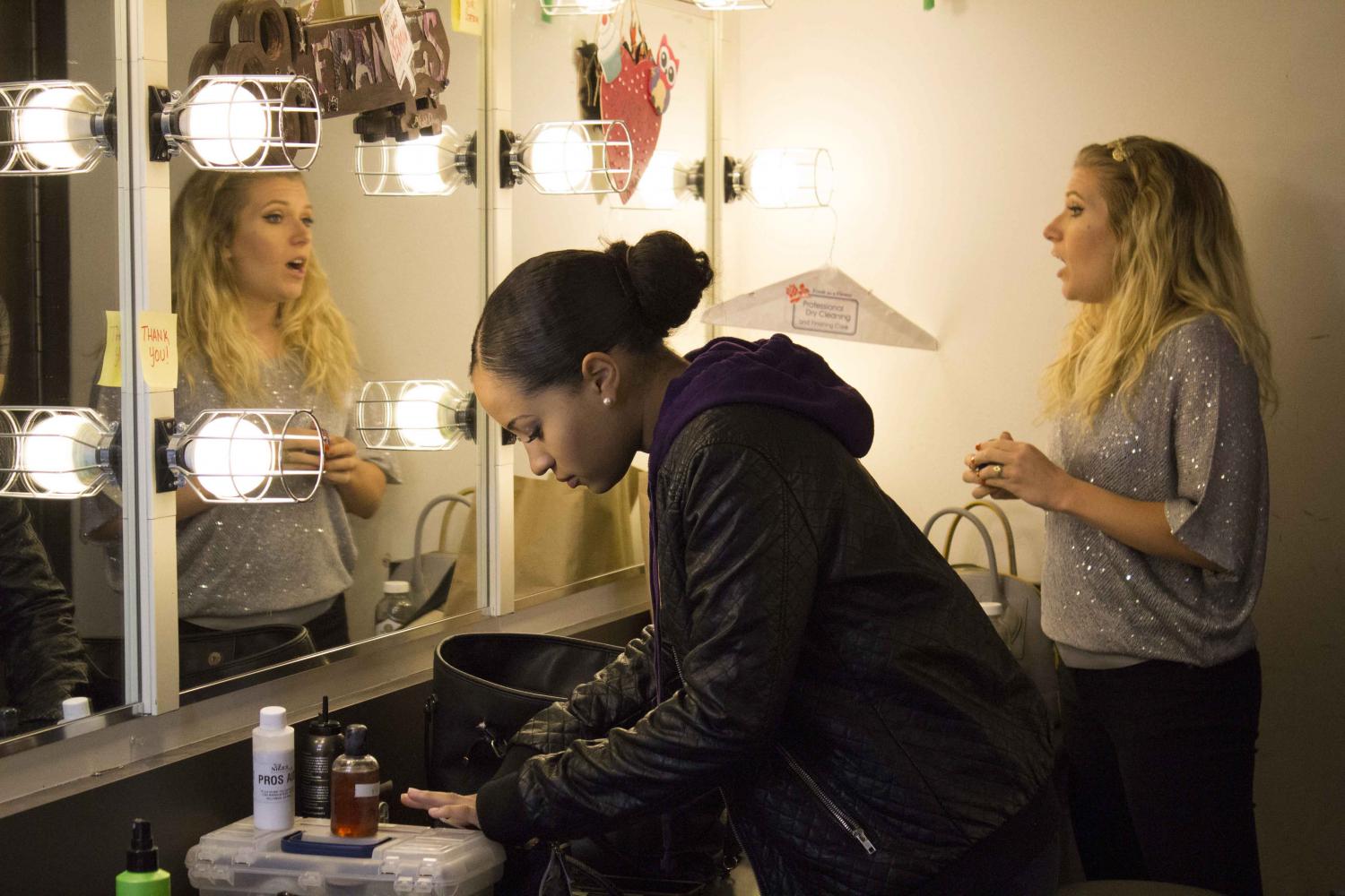  Backstage, minutes before the show, Ashlyn Smith (left) puts on a last touch of make up while Rebecca Mantei warms up her voice. Voices of Hope, play by Pamela Lassiter Cathey about sexual assault and its consequences for the victims. On Studio Stag