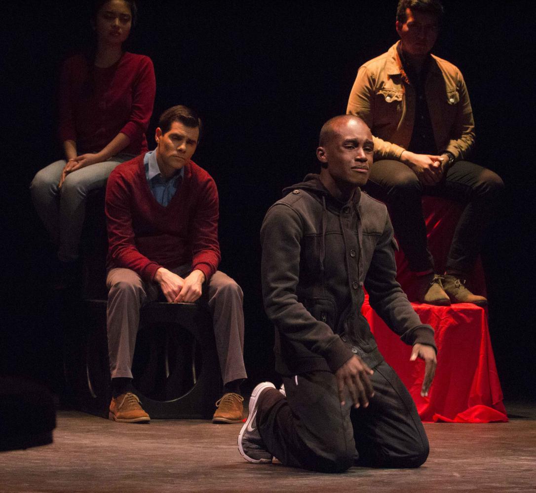  Jordan Worthy (center), Voice #1, portraying a man abused by his teacher. Voices of Hope, play by Pamela Lassiter Cathey about sexual assault and its consequences for the victims. On Studio Stage Productions/Performances at Santa Monica College, Cal