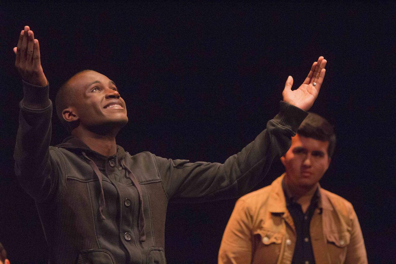  Jordan Worthy (left), Voice #1, portraying a man abused by his teacher. Voices of Hope, play by Pamela Lassiter Cathey about sexual assault and its consequences for the victims. On Studio Stage Productions/Performances at Santa Monica College, Calif