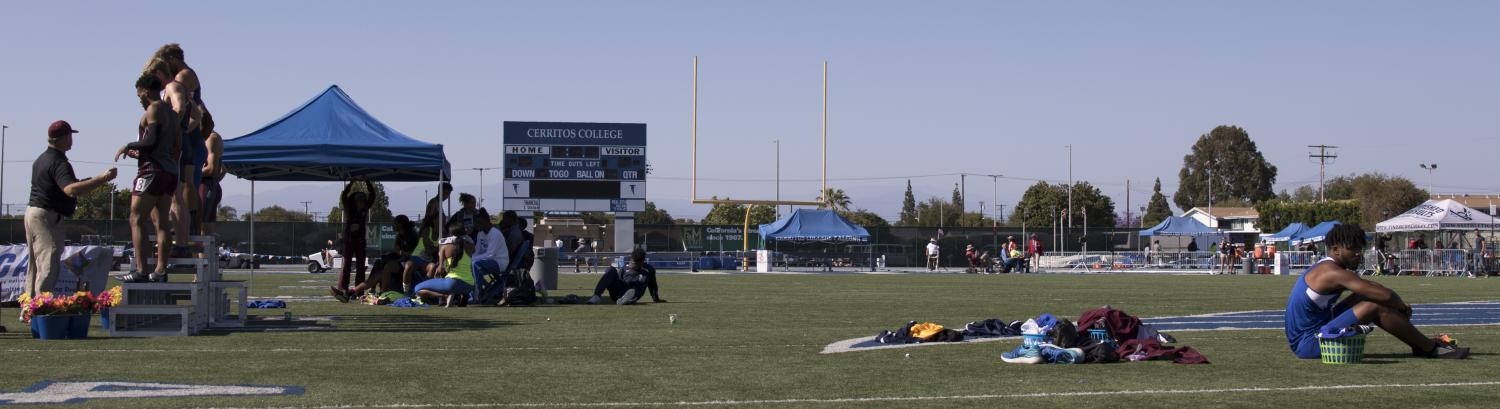 Santa Monica College Corsair Sharieff Reed sulks after a disappointing 7th place finish in the mens 100 meter dash at the CCCAA (California Community College Athletics Association) Southern California Regional Prelims and Championship on May 13, 2017 at Cerritos College in Cerritos California. (Zane Meyer-Thornton)