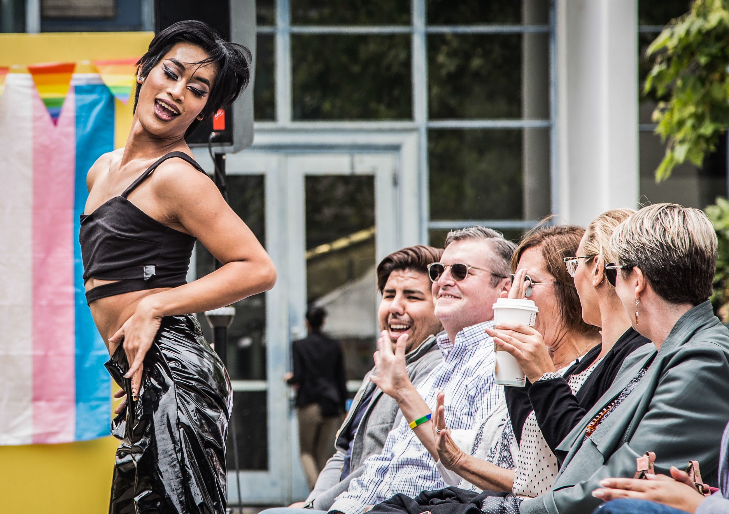  Santa Monica College Student Tommy Pathammavong Vixyn dances down the runway while interacting with the audience during the AS Fashion Show that would bring SMC’s pride week to a close, which took place on the Clocktower Quad in Santa Monica College