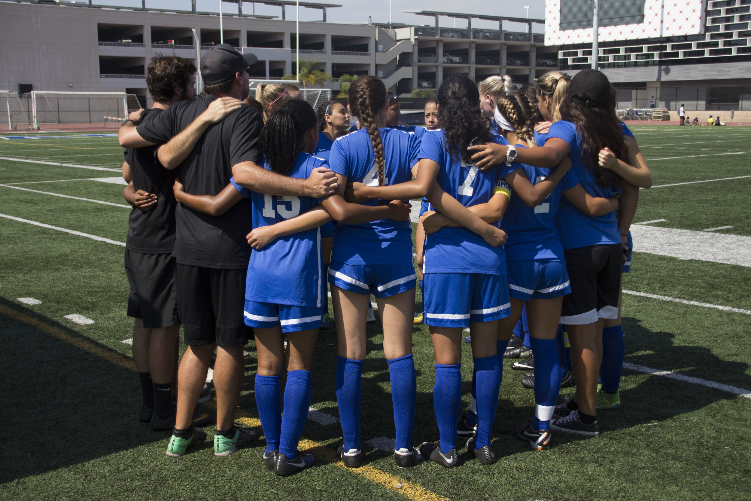  The Santa Monica Corsairs Women's soccer team huddling before their match against the Long Beach City Collge Vikings on Tuesday, August 29th, 2017 at the Santa Monica College Field at Santa Monica, California. They came out with a draw 1-1 after hav
