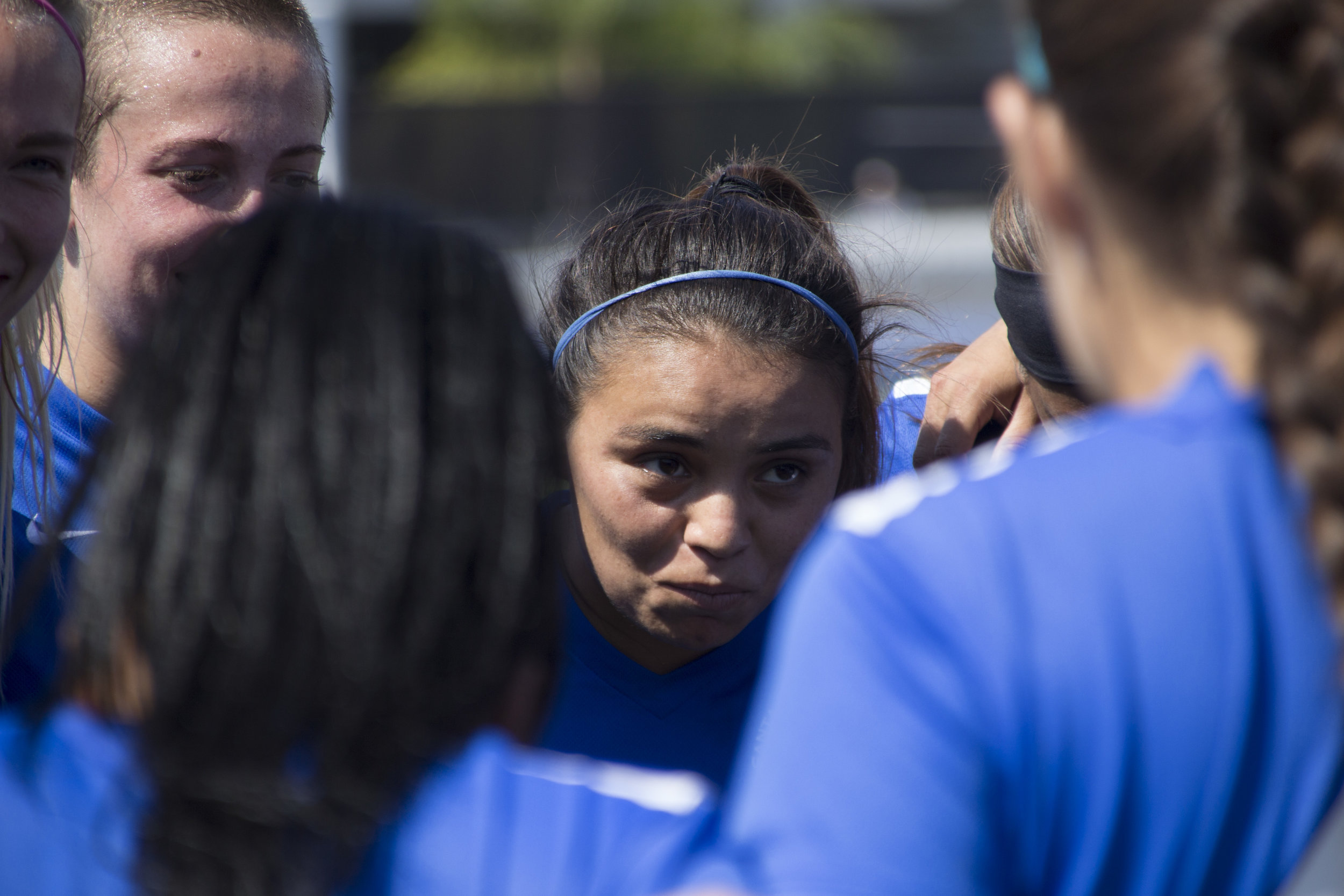  Chrystal Dorado, middle, giving her teammates a pre game speech before their game against the Long Beach City College Vikings on Tuesday, August 29, 2017 at Santa Monica College Field in Santa Monica, California. The Santa Monica Corsairs had two go