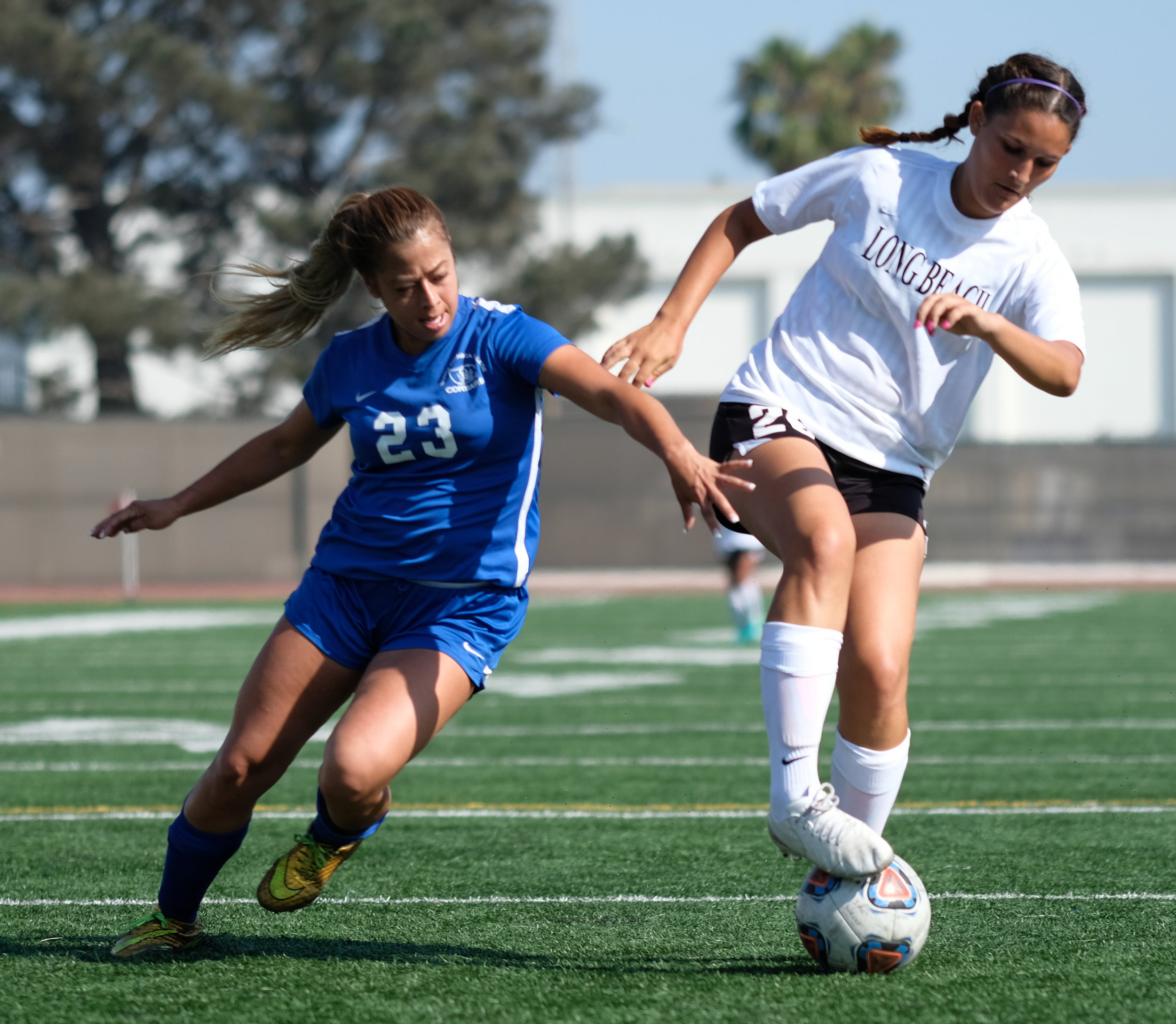  On Tuesday August 29th 2017, Daysi Serrano (#23) is attempting to make a steal against Long Beach City College in Santa Monica, CALIF. 