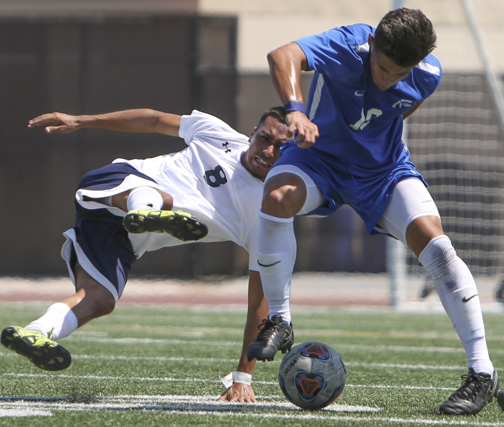  Oscar Palacios (10) of the Santa Monica College Corsairs mens soccer team fights for possesion of the ball against Everardo Candelas (8) of the El Camino College Warriors, Friday, September 1st, 2017, at the Santa Monica College Main Campus field in
