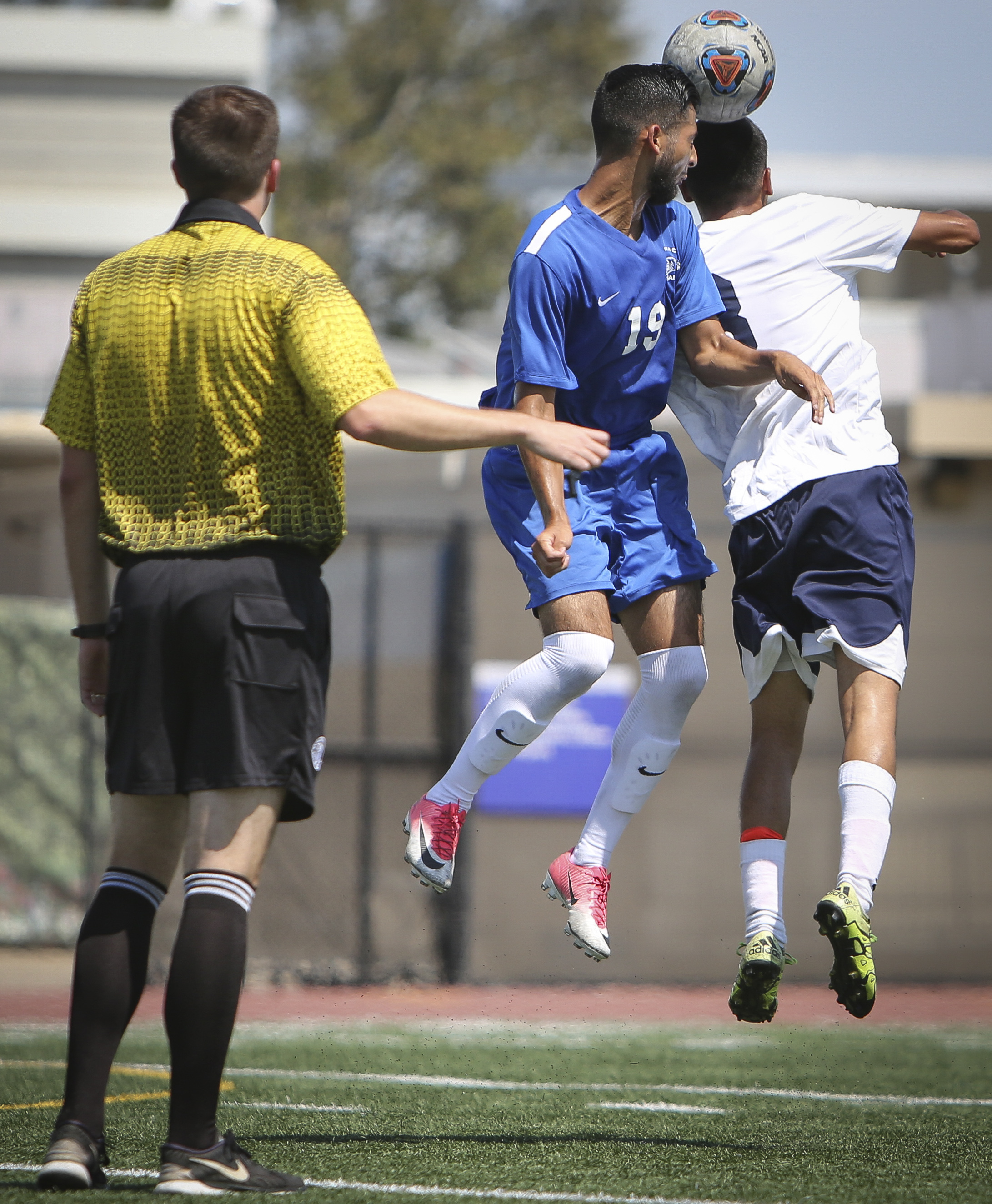  Giancarlo Canas-Jarquin (19) of the Santa Monica College Corsairs mens soccer team fights for possesion against Everardo Candelas (8) of the El Camino College Warriors, Friday, September 1st, 2017, at the Santa Monica College Main Campus field in Sa