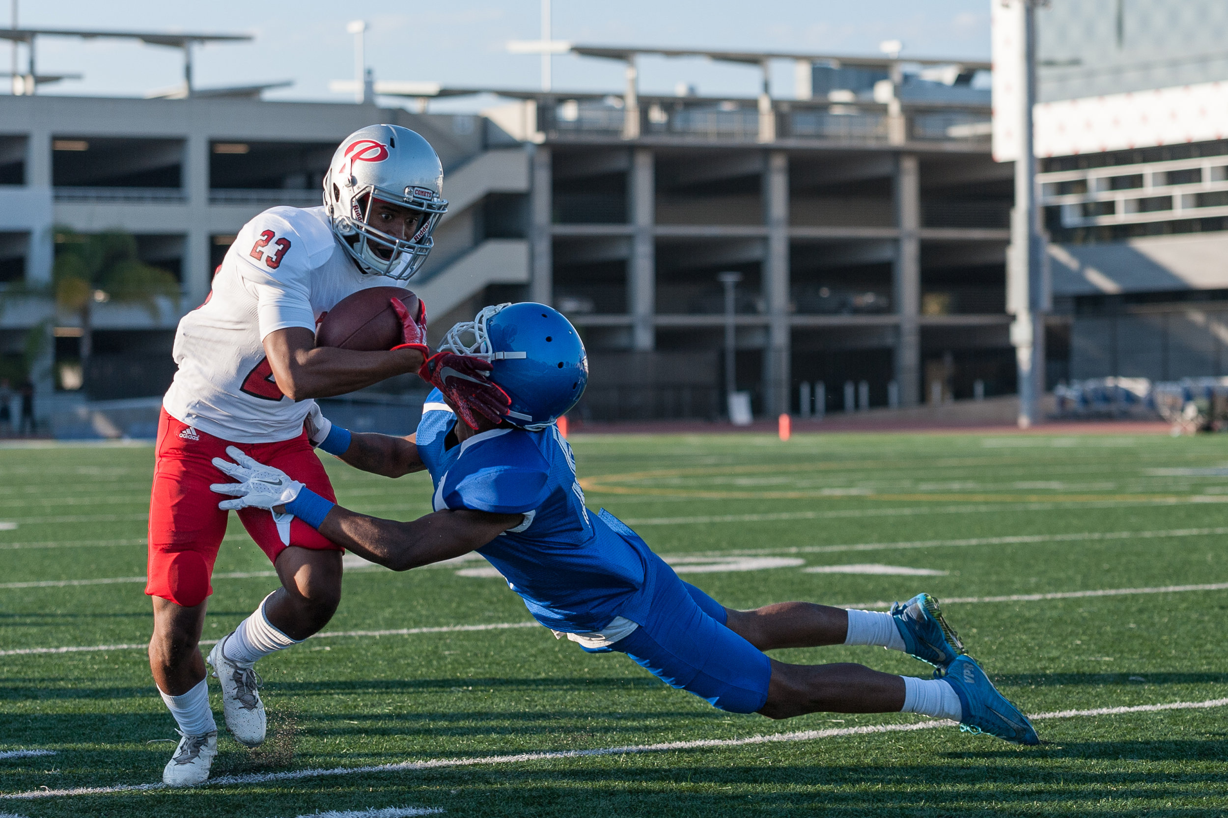  Defensive back Tyree Fryer (6) of the Santa Monica College Corsairs forces Palomar College wide receiver Rashad Harper (23) out of bounds to end the play. The Santa Monica College Corsairs lost the game against the Palomar College Comets 14-45. The 