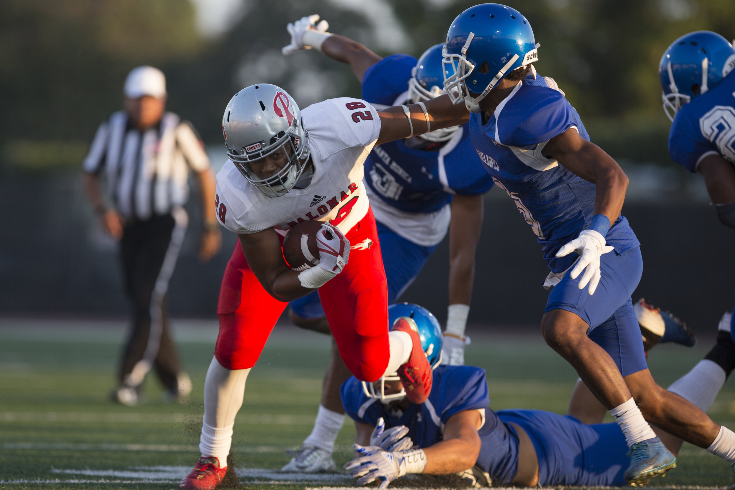  Santa Monica College Corsair Tyree Fryer (DB)(6)(right) attempts to tackle Palomar College Comet Currie Thomason (RB)(28)(left) on September 10, 2017 on the Corsair Field at Santa Monica College in Santa Monica, California. The Corsairs lose to the 