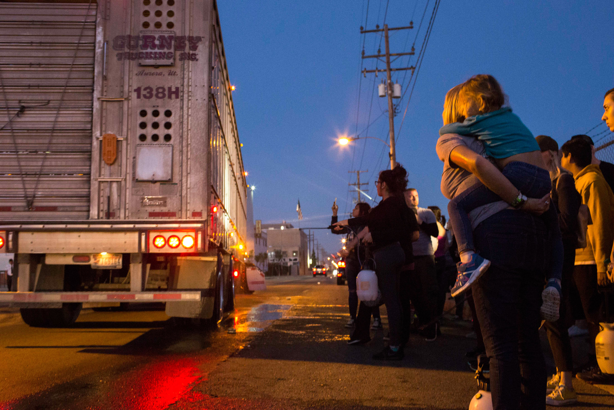  Heidi Menze, holding her daughter, Alexis (5) on her back,  watches as a truck pulls in through the gate of Farmer John, a slaughterhouse in Vernon, CA, carrying pigs destined for slaughter on April 30 2017 photo by Ruth Iorio 