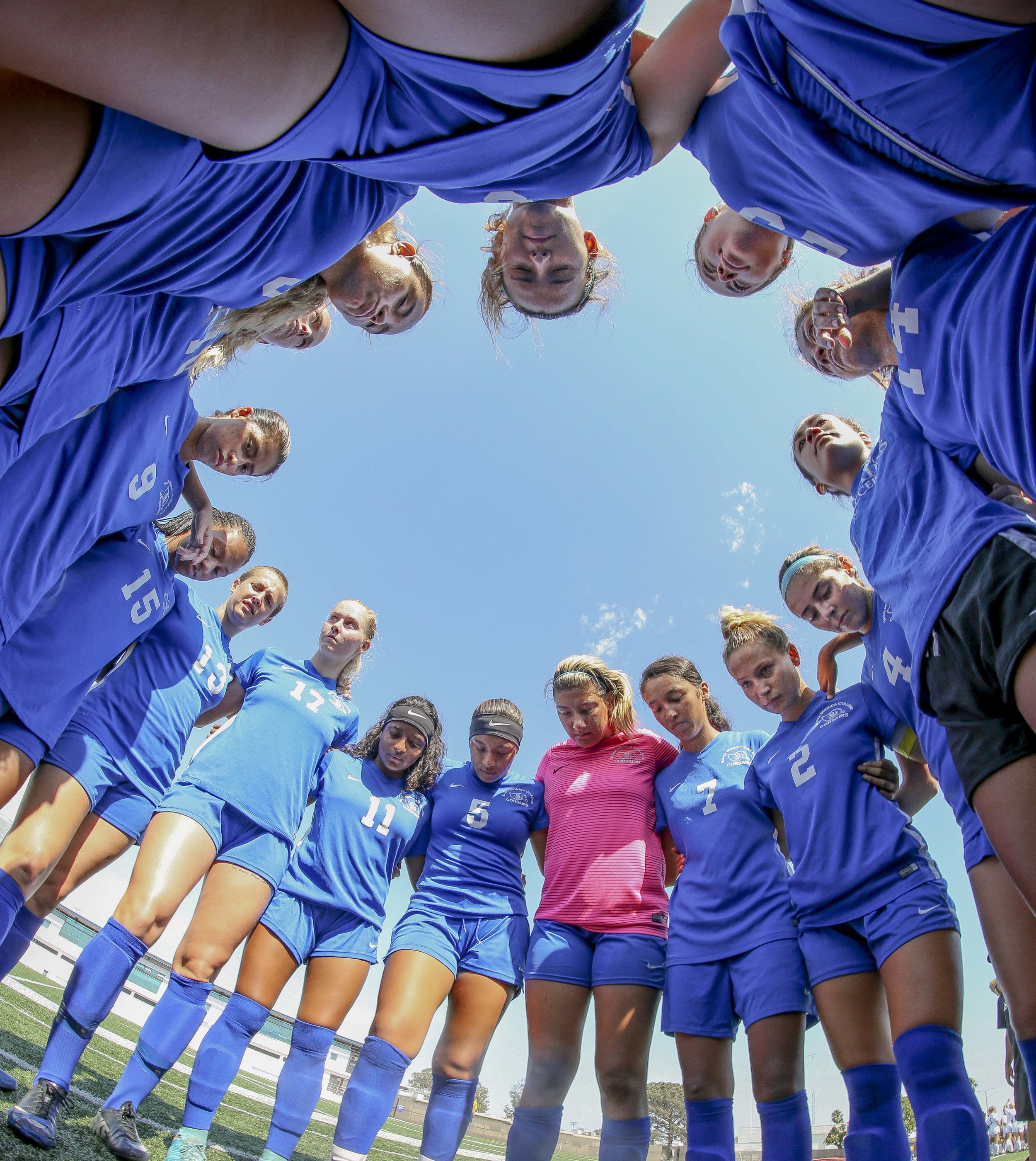  The Santa Monica College Corsairs Womens Soccer Team form a huddle before they play against The El Camino College Warriors, Friday, September 1st, 2017, at the Sana Monica College Main Campus field in Santa Monica, CA. The Corsairs beat The Warriors